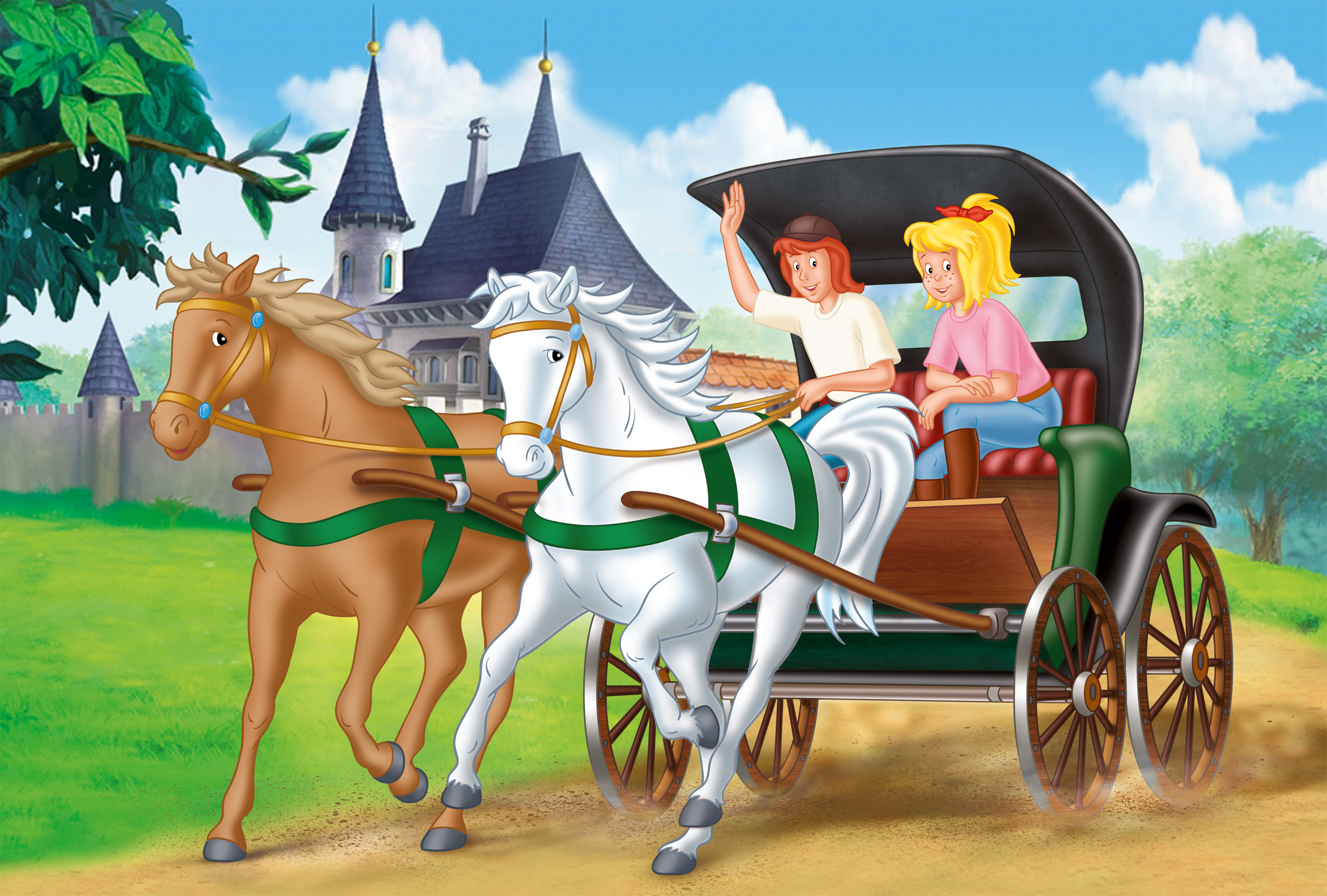 Ilustracja powozu konnego z dwiema osobami i dwoma końmi na drodze.