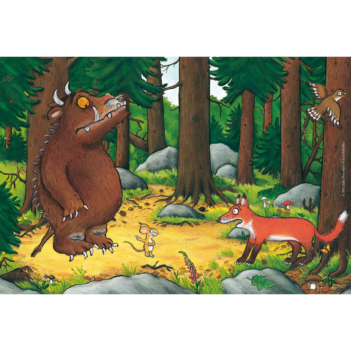 Illustration einer Waldszene mit dem Grüffelo, einer Maus und einem Fuchs. Bäume im Hintergrund.