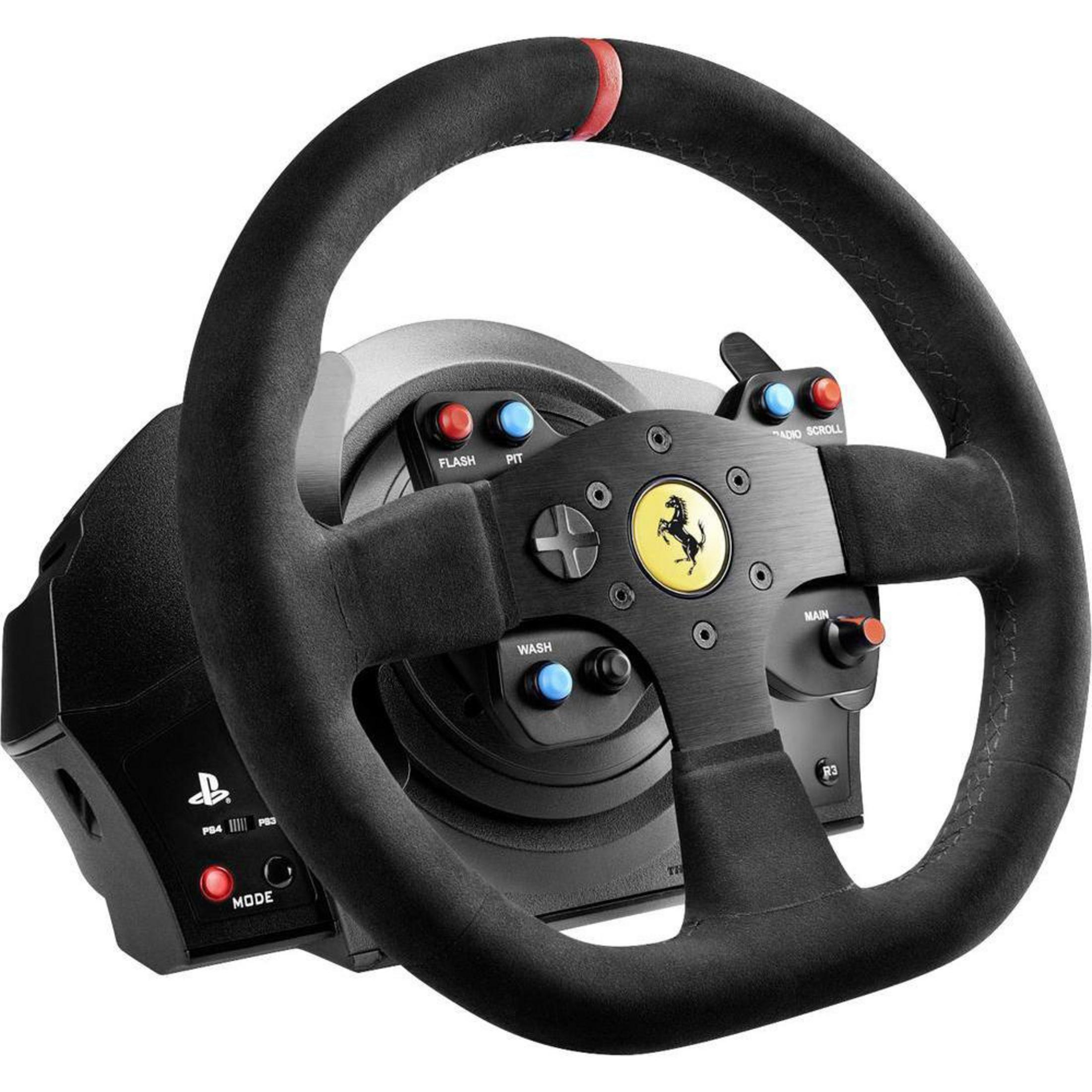 Un volant noir pour un simulateur de course avec un logo Ferrari et divers boutons.