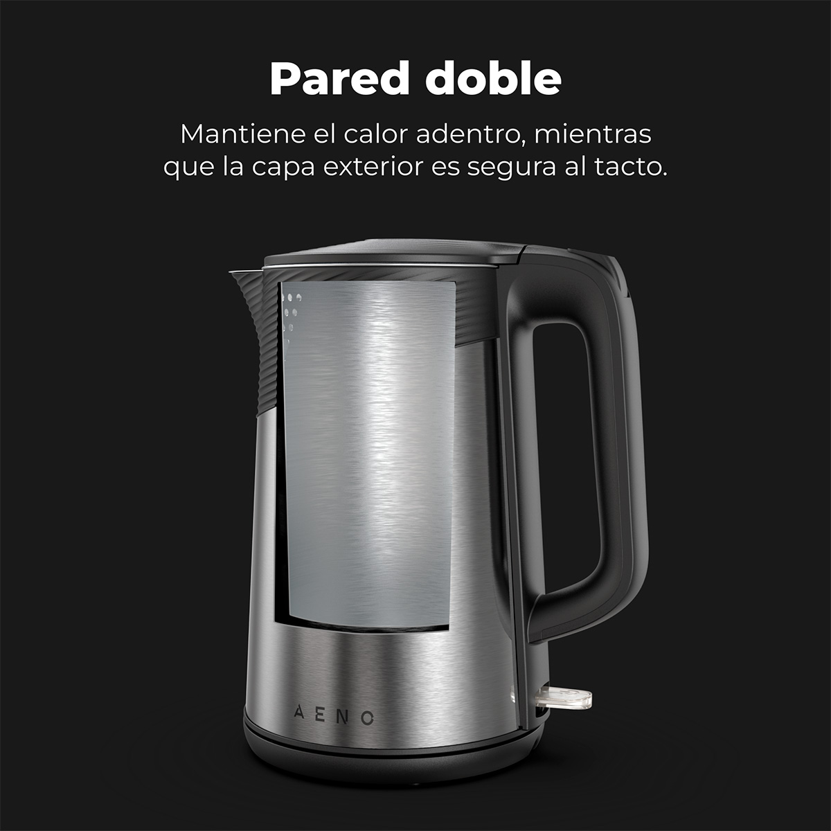 Czarny i srebrny czajnik elektryczny z czarnym uchwytem, ​​prezentujący konstrukcję z podwójnymi ściankami.