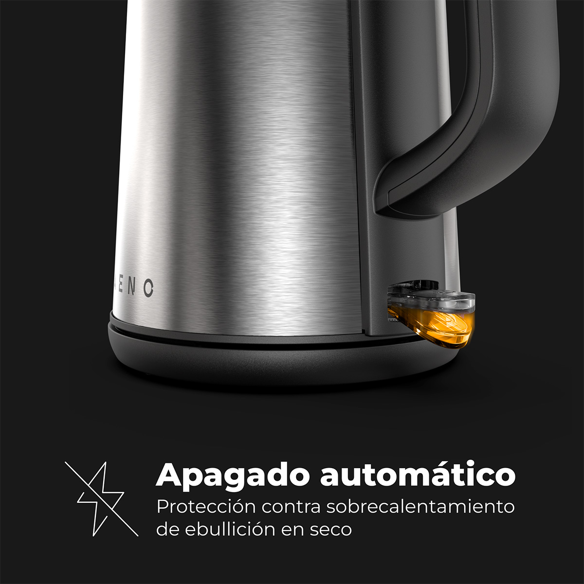 Zbliżenie czarno-srebrnego czajnika z hiszpańskim tekstem o automatycznym wyłączaniu.