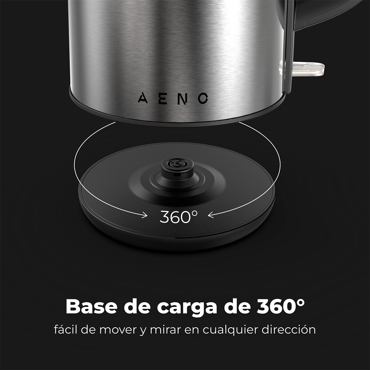 Czarna podstawa ze srebrnym czajnikiem i tekstem Base de carga de 360° (baza ładująca 360°).