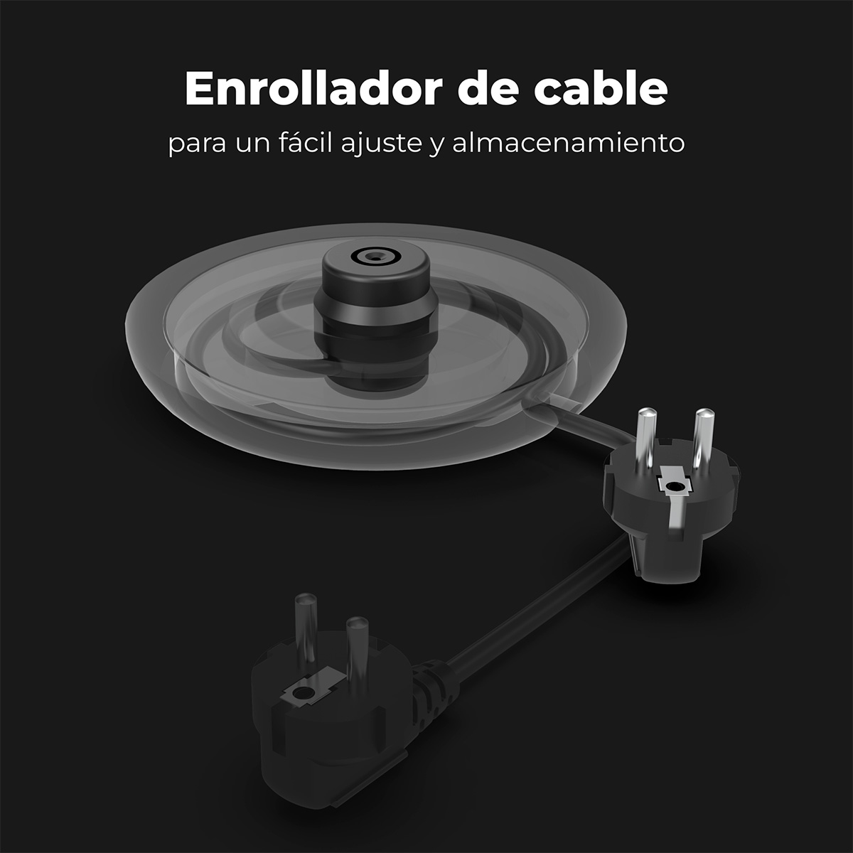 Nawijarka kabla z wtyczkami. Jest przezroczysty i wykonany z tworzywa sztucznego. Dołączone są dwie wtyczki.