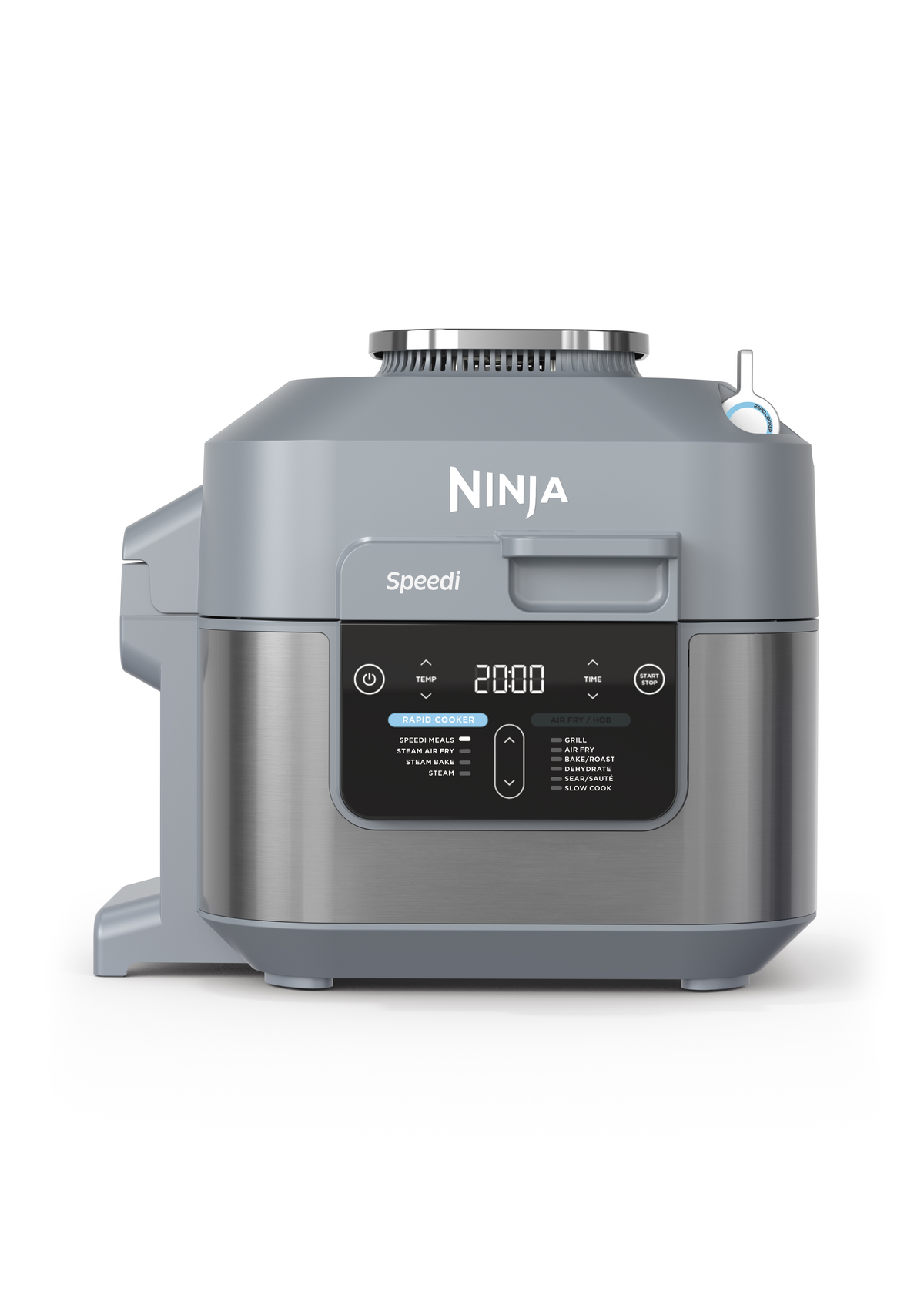 Ninja Speedi multi-cooker. Gray and silver, digital display, buttons.