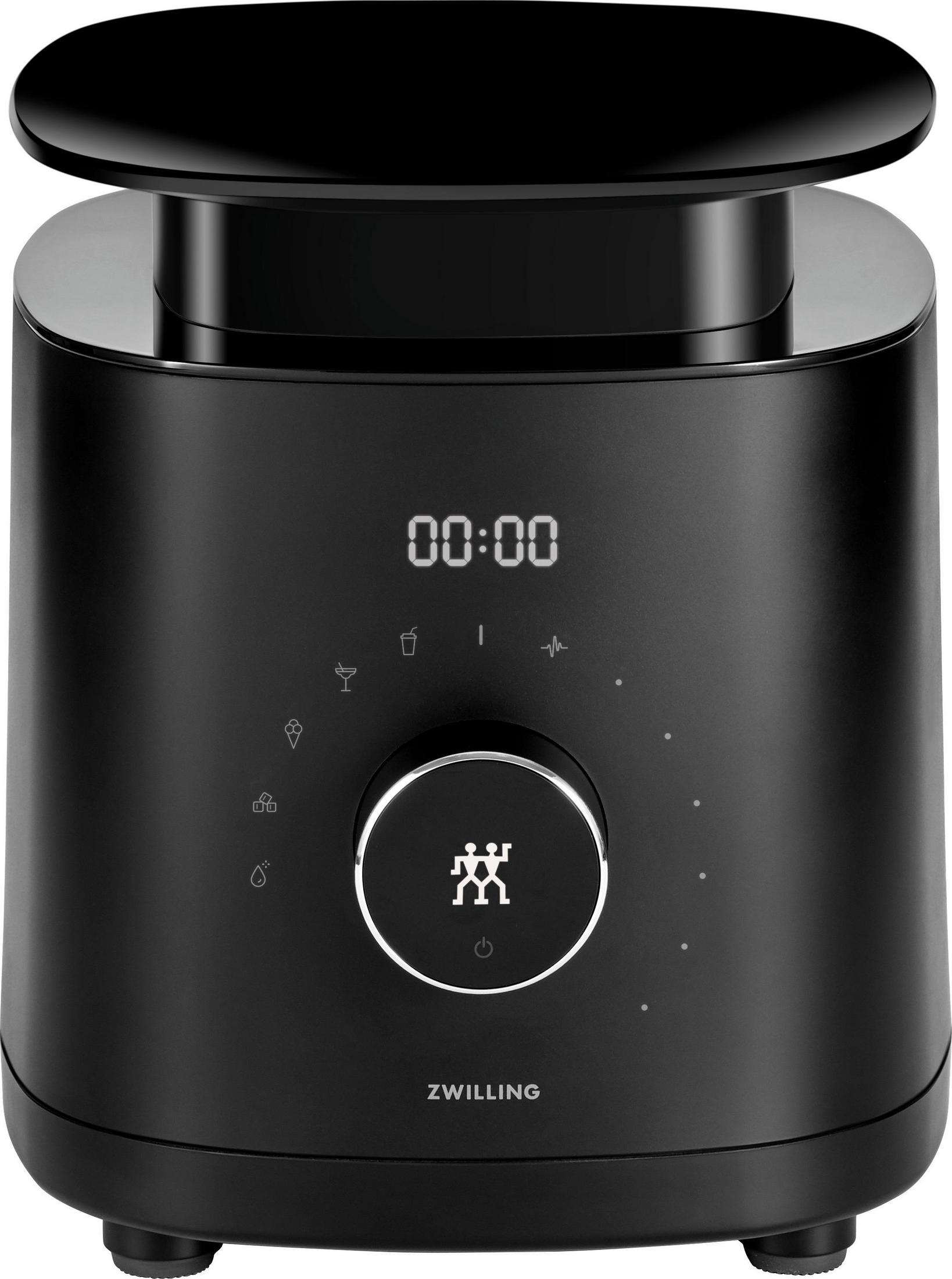 Schwarzer Mixer mit Digitalanzeige 00:00 und Bedienrad.