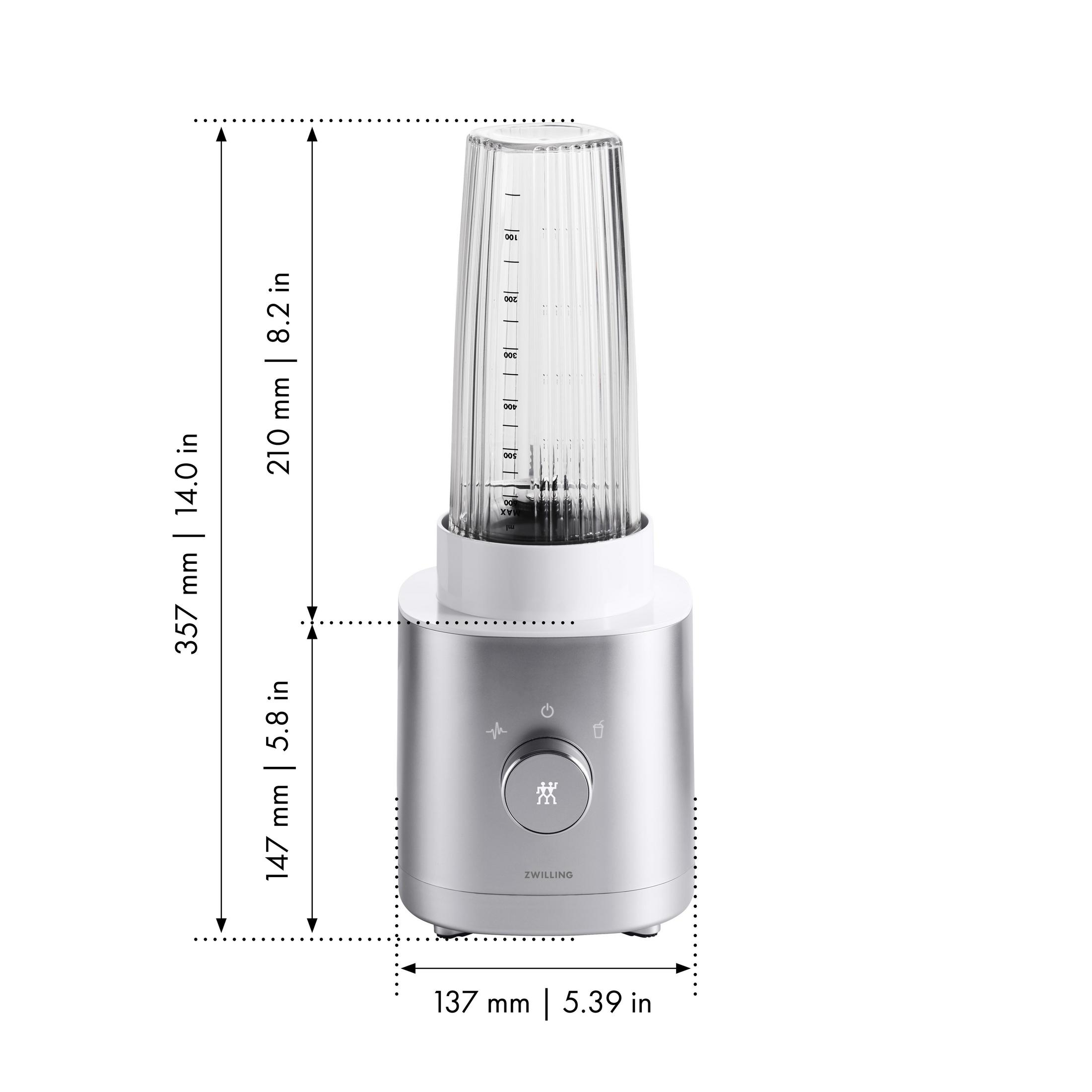 Srebrny blender z przezroczystym pojemnikiem, oznaczone pomiary. Wskazane wymiary.