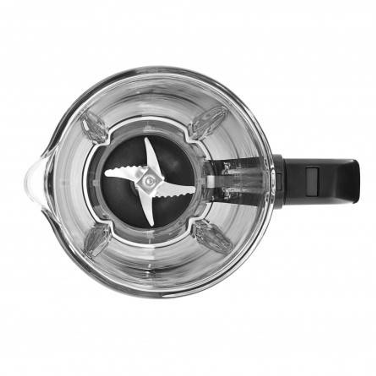 Przezroczysty dzbanek blendera z góry. Widoczny centralny nóż i wnętrze dzbanka.