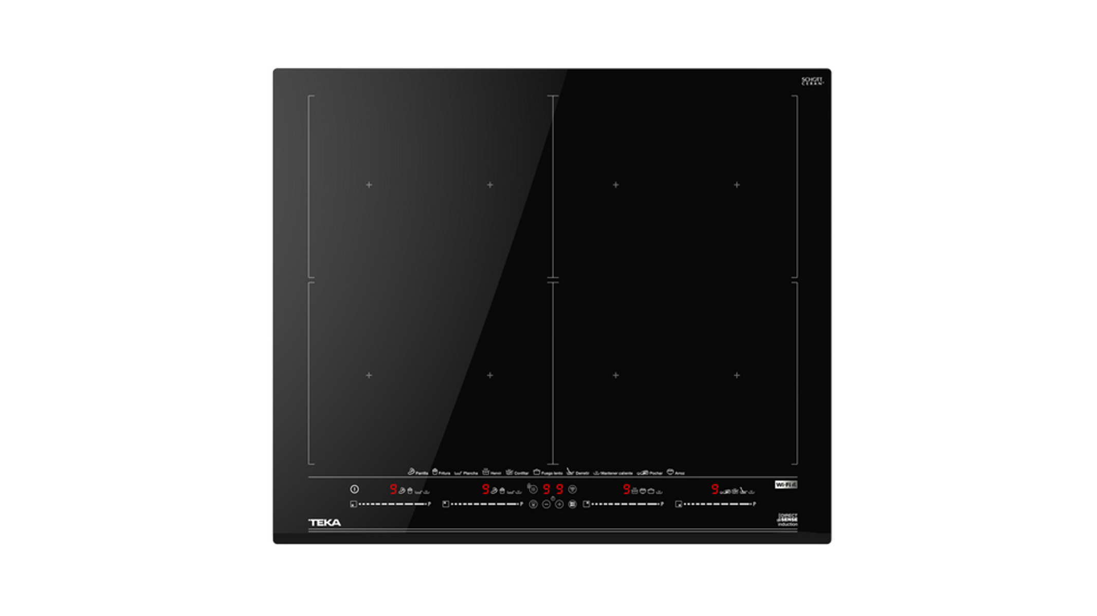 Czarna szklana płyta grzejna z czterema palnikami. Płyta grzejna ma sterowanie dotykowe i etykietę TEKA.