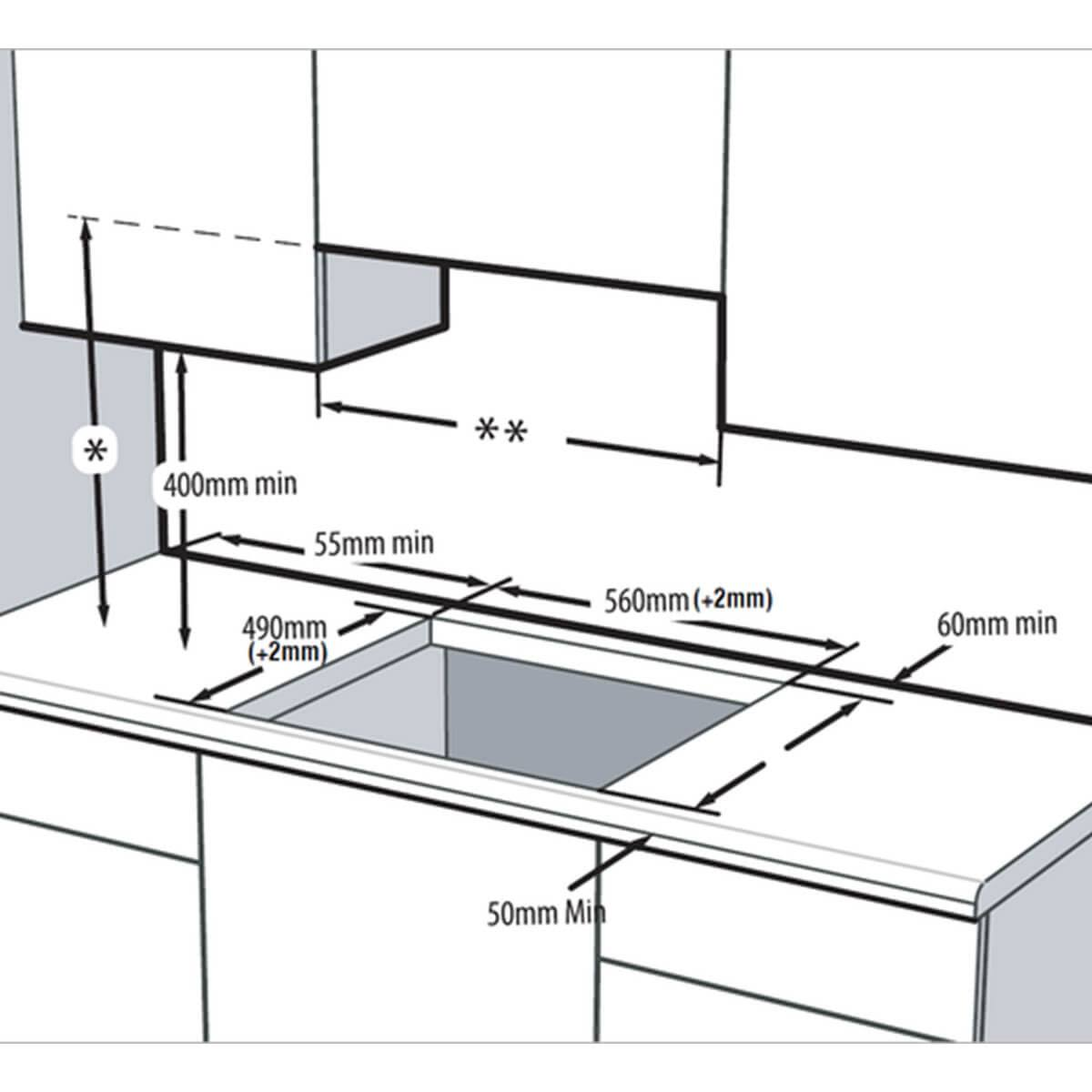 Diagrama de la instalación de gabinetes de cocina con medidas y fondo blanco.