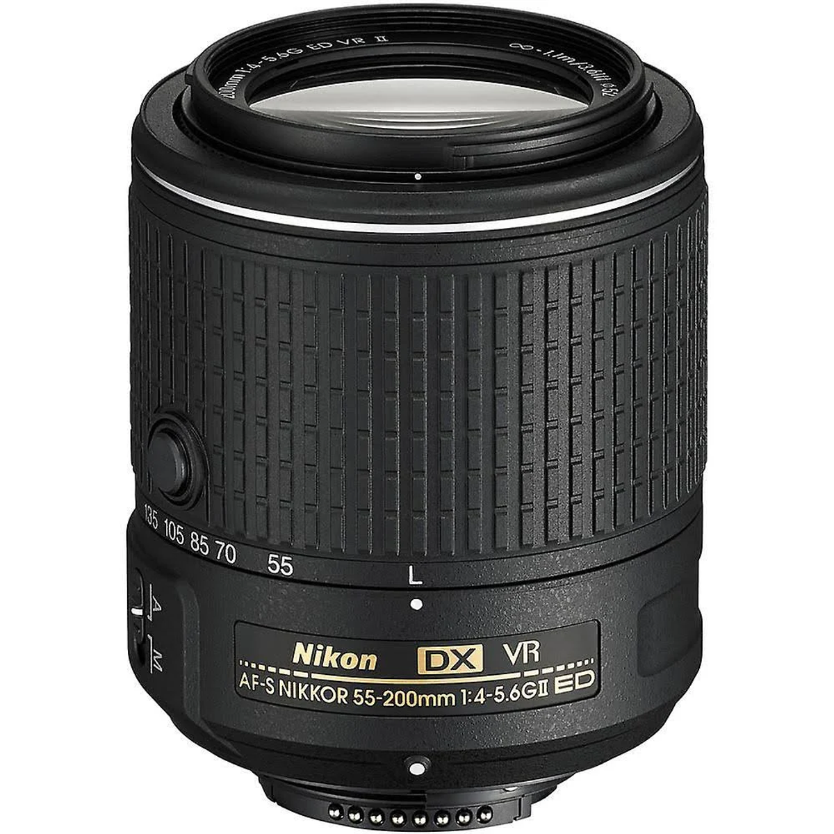 Lente Nikon negro con rango de zoom y marcas.