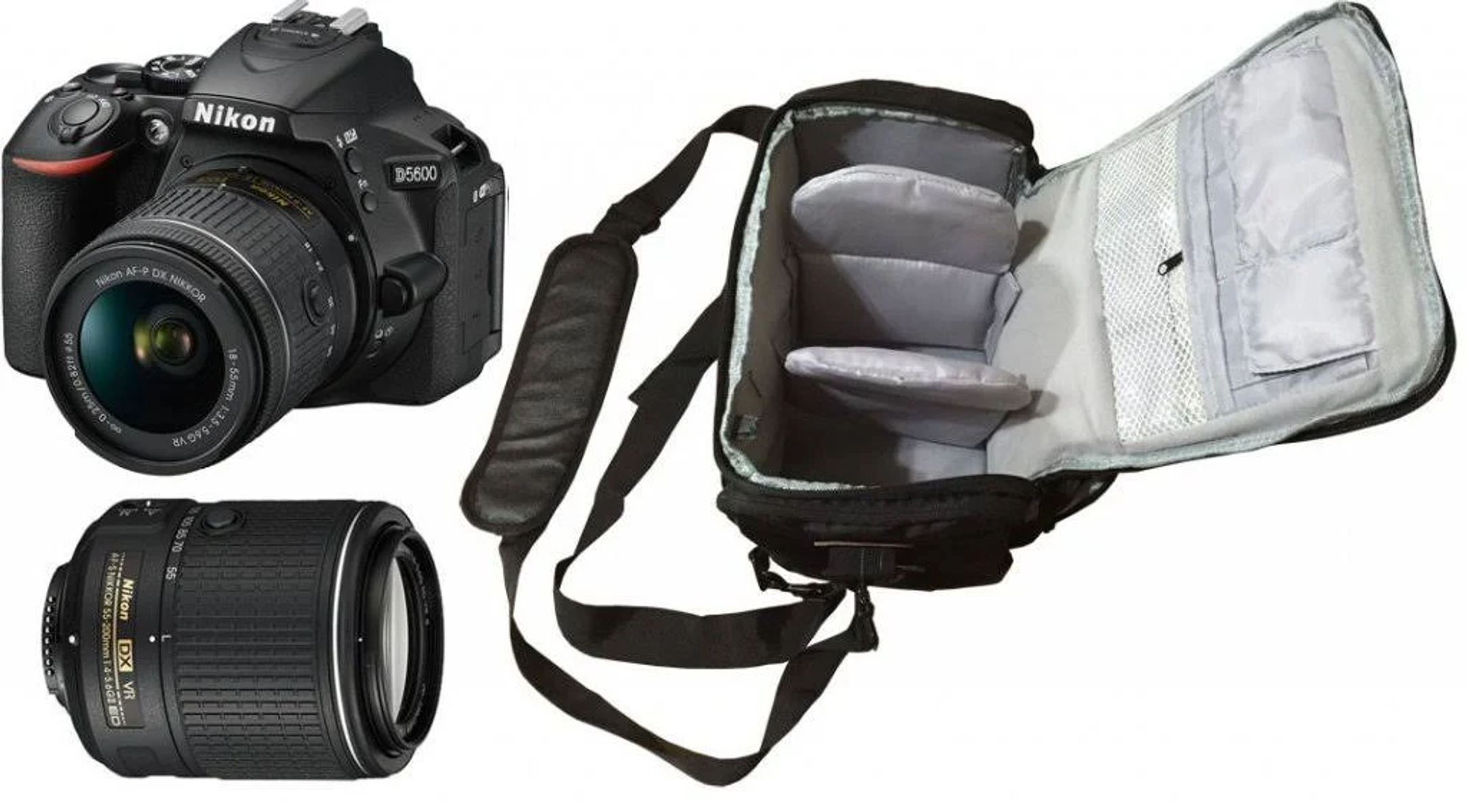 Cámara DSLR, lente y una bolsa de cámara negra. Bolsa abierta, mostrando compartimentos. Todo sobre fondo blanco.