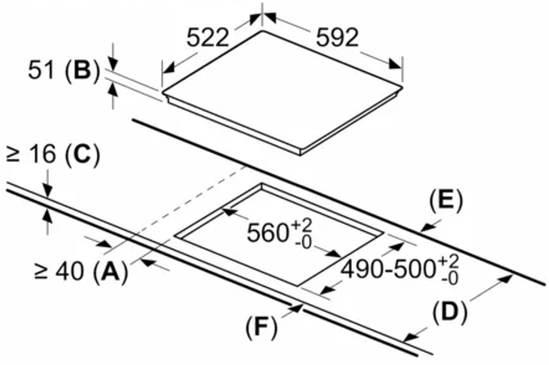 Schemat pokazujący wymiary instalacji płyty grzewczej, w mm.