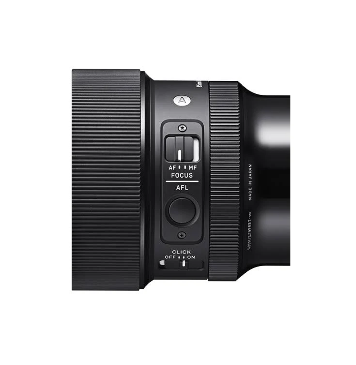 Obiettivo della fotocamera nero con pulsanti e interruttori sul lato, con texture a coste.