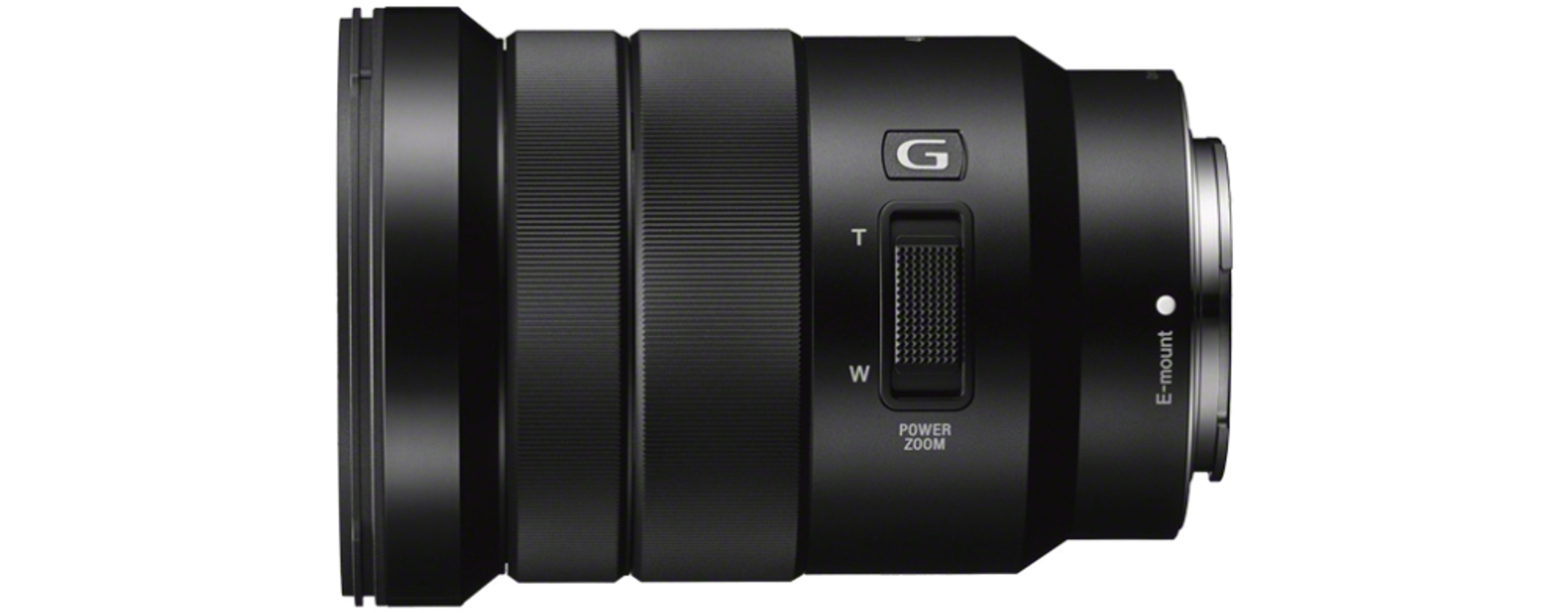 Obiettivo della fotocamera nero. È cilindrico con pulsanti e ghiera dello zoom. Su sfondo bianco.