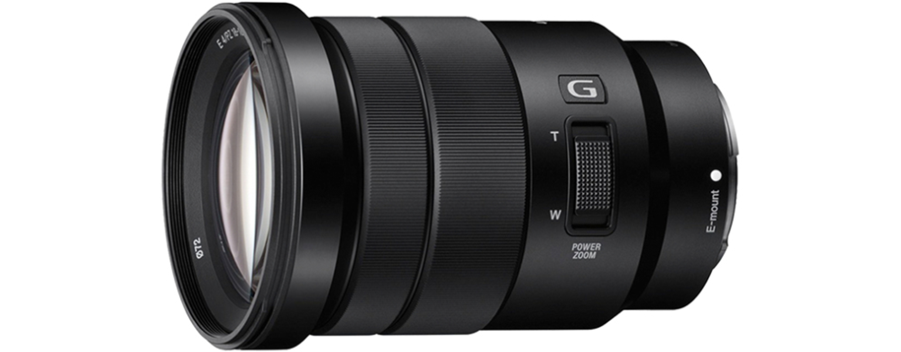 Obiettivo nero per fotocamera con controlli zoom e zoom motorizzato. Testo sull'obiettivo: E-mount, Power Zoom e G.