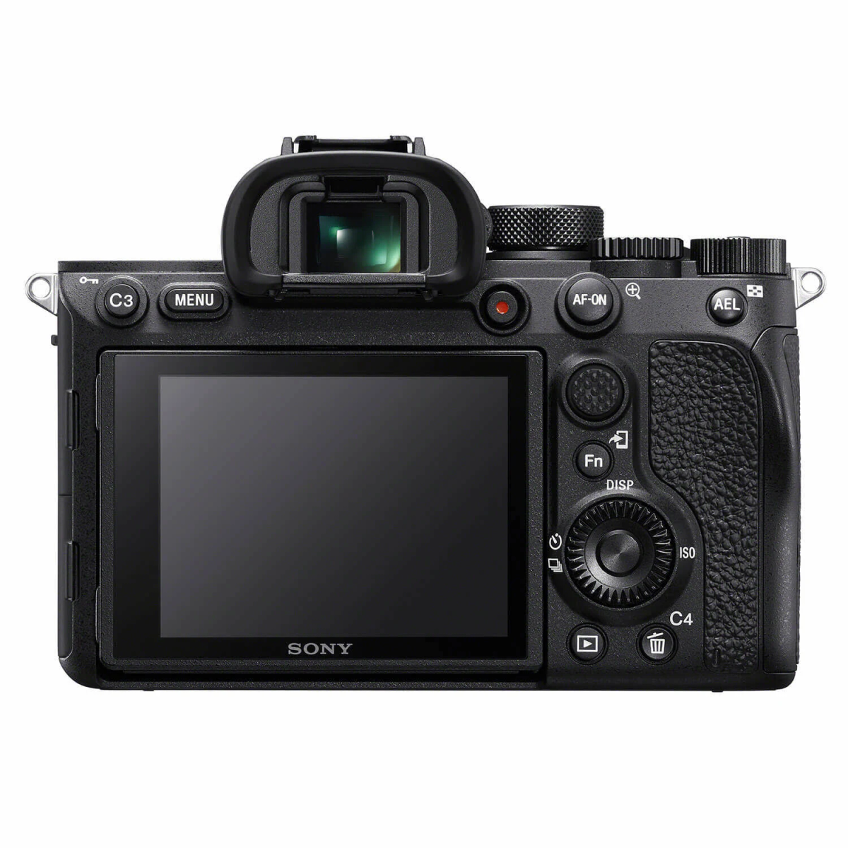 Black camera, rear view, with buttons, screen, and lens attachment.