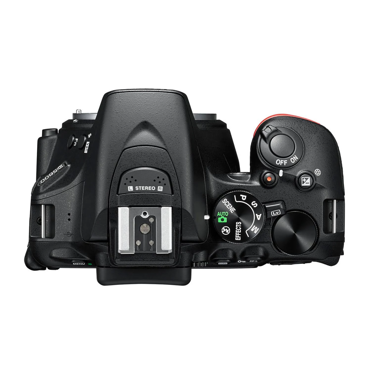 Una vista dall'alto di una fotocamera Nikon nera che mostra i controlli e i pulsanti delle impostazioni.