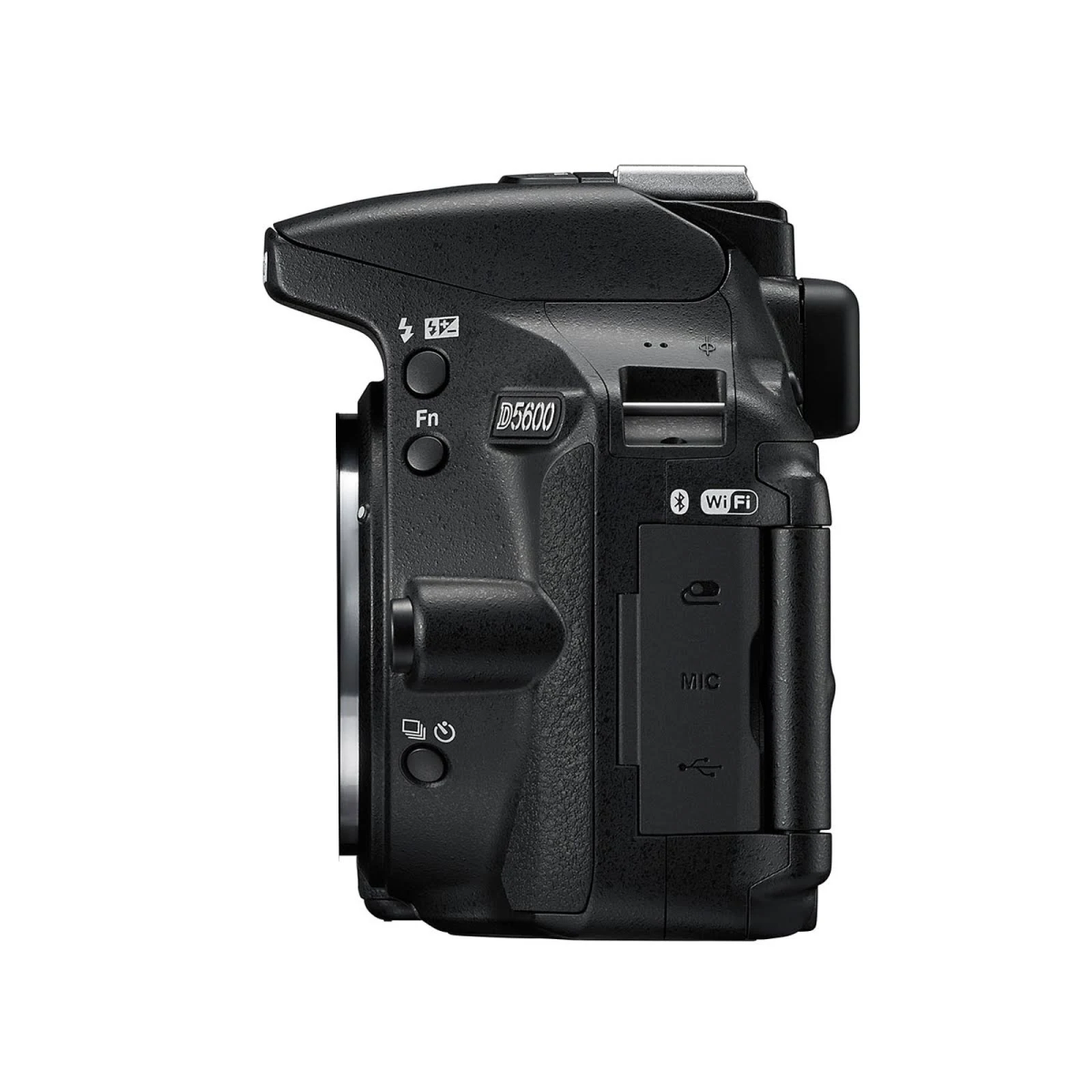 Profilo laterale della fotocamera nera. Pulsanti, quadranti ed etichette sono visibili. Sono presenti etichette WiFi e MIC.