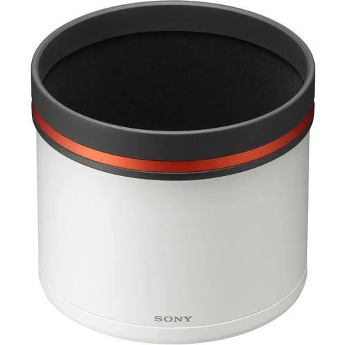 Una tapa de lente blanca con la parte superior negra y una franja roja, con SONY escrito en el frente.