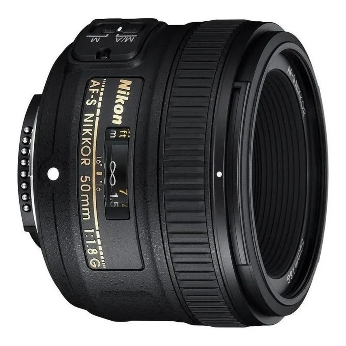 Schwarzes Nikon-Objektiv. Das Objektiv hat einen Fokusring und andere Markierungen an der Seite.