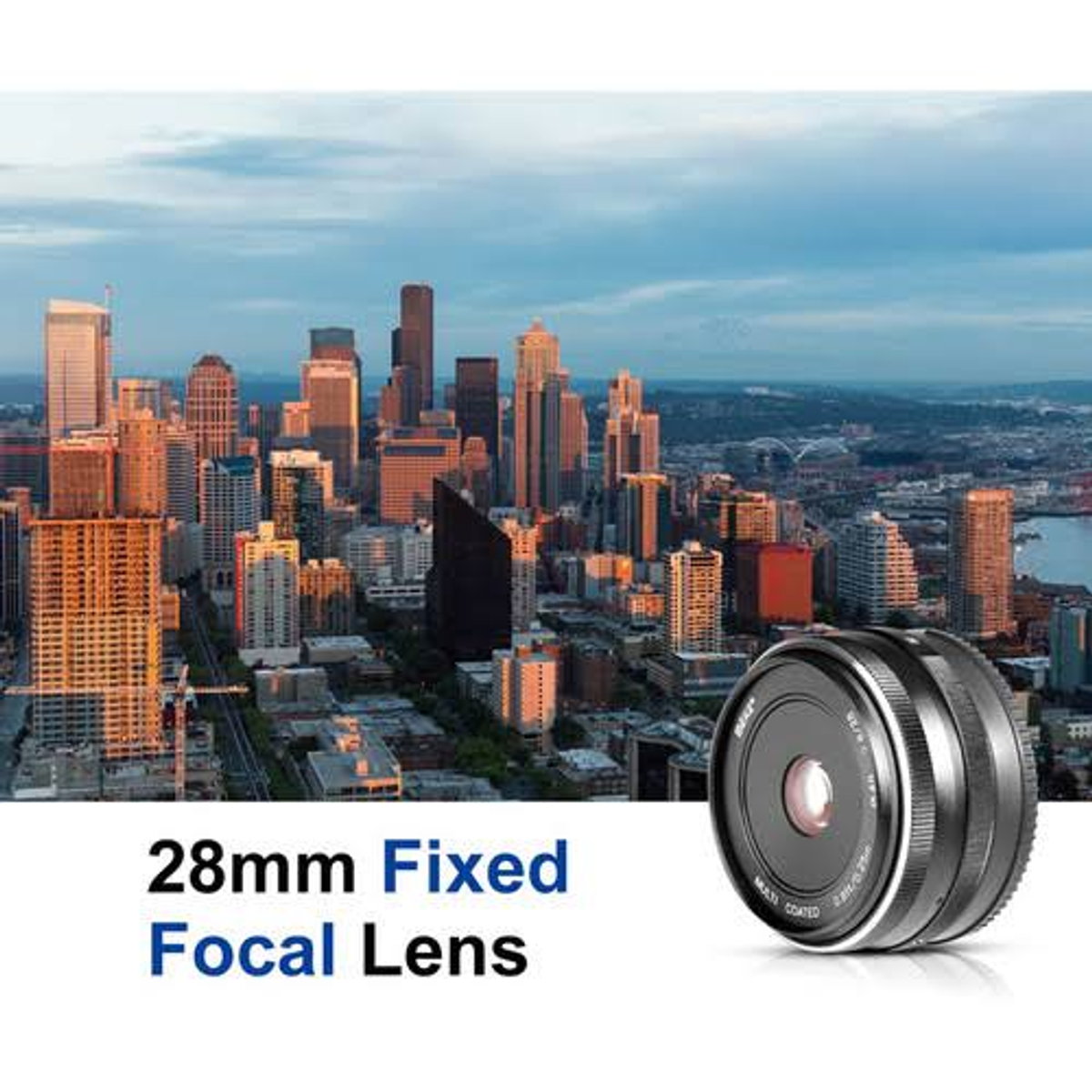 Obiektyw z panoramą miasta w tle. Widoczne są słowa 28mm Fixed Focal Lens.