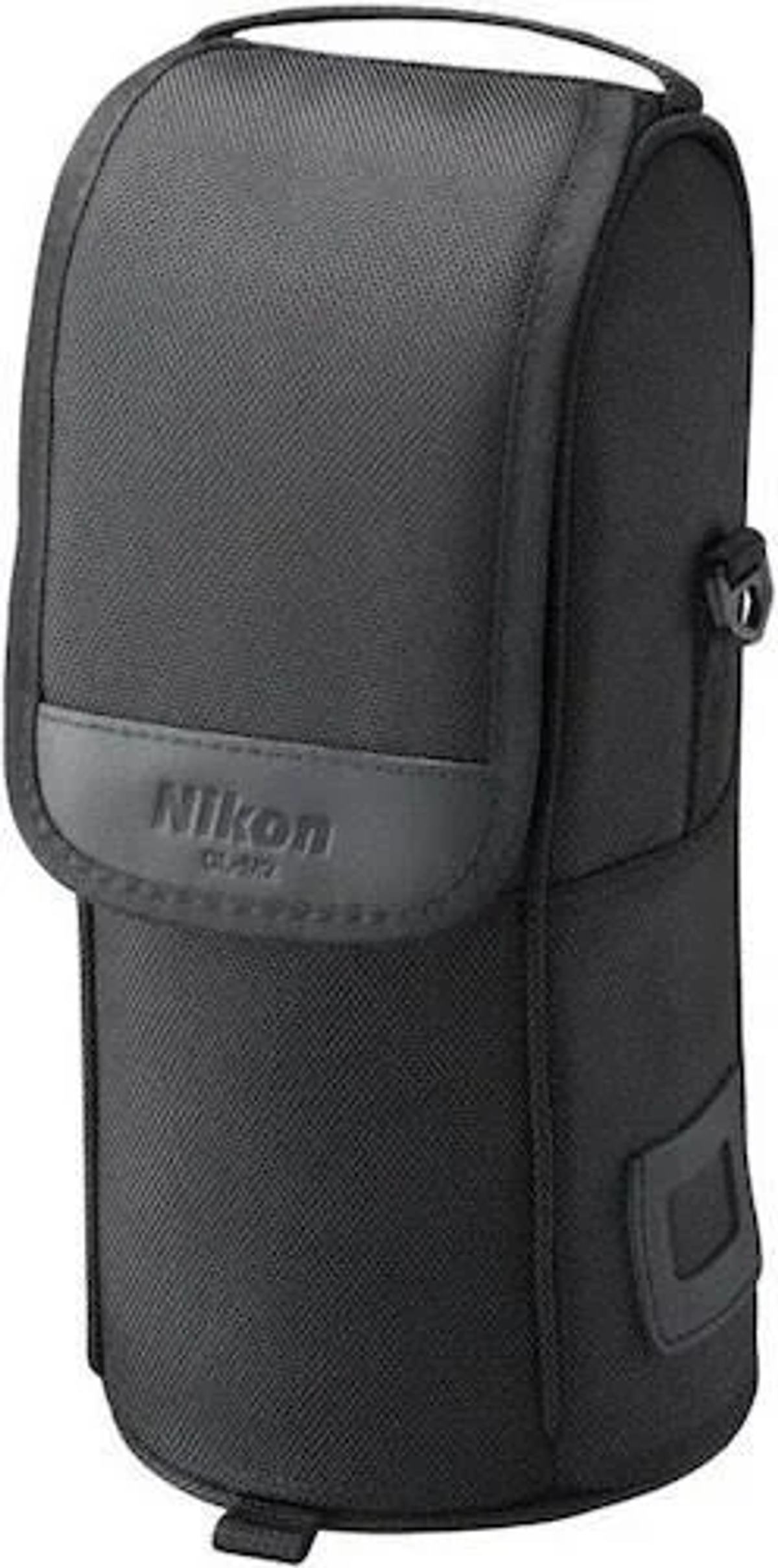 Custodia nera per obiettivo Nikon. Cilindrica con patta superiore.