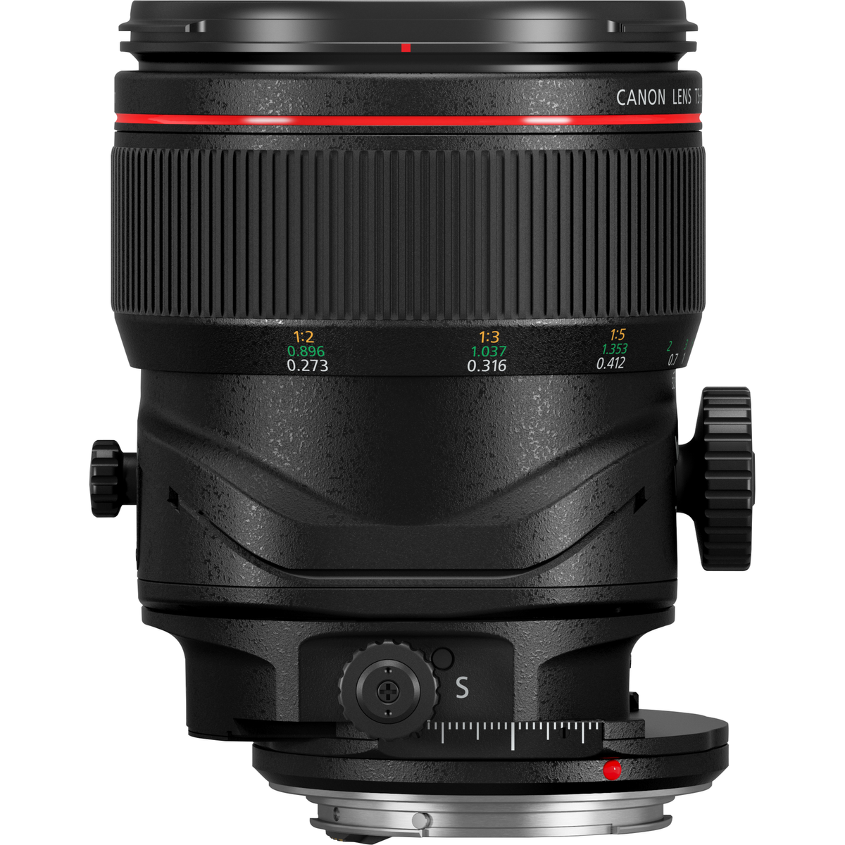 Czarny obiektyw Canon z czerwonym pierścieniem i białymi oznaczeniami. Posiada regulacje ostrości i zoomu.