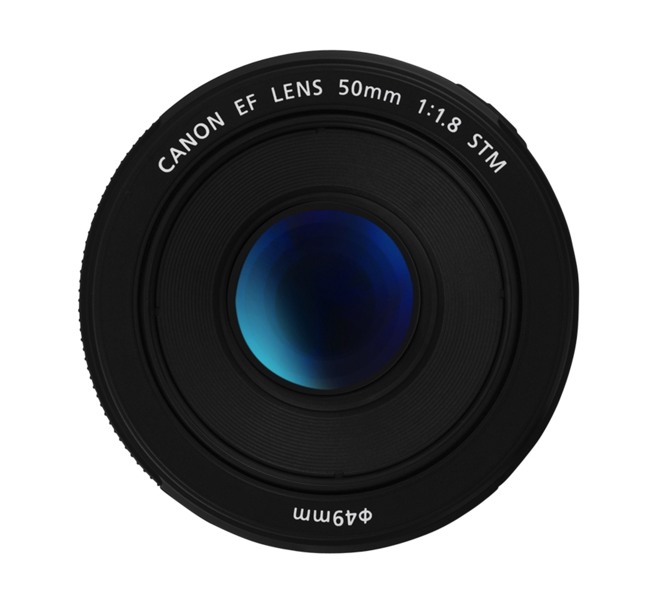 Ein schwarzes Canon-Objektiv mit einer blauen Reflexion im Glas. Es steht Canon EF Objektiv 50mm.