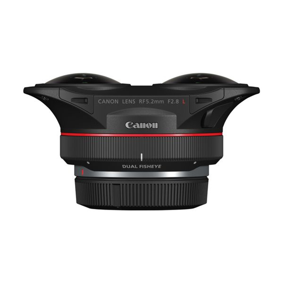 Obiettivo della fotocamera nero e argento con design a doppio occhio di pesce. Logo Canon visibile.