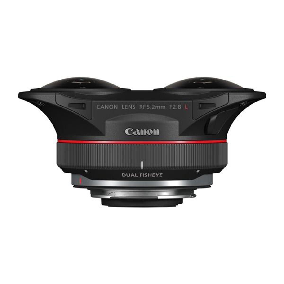 Obiettivo Canon dual fisheye nero con dettagli rossi. Ha due elementi frontali sporgenti.