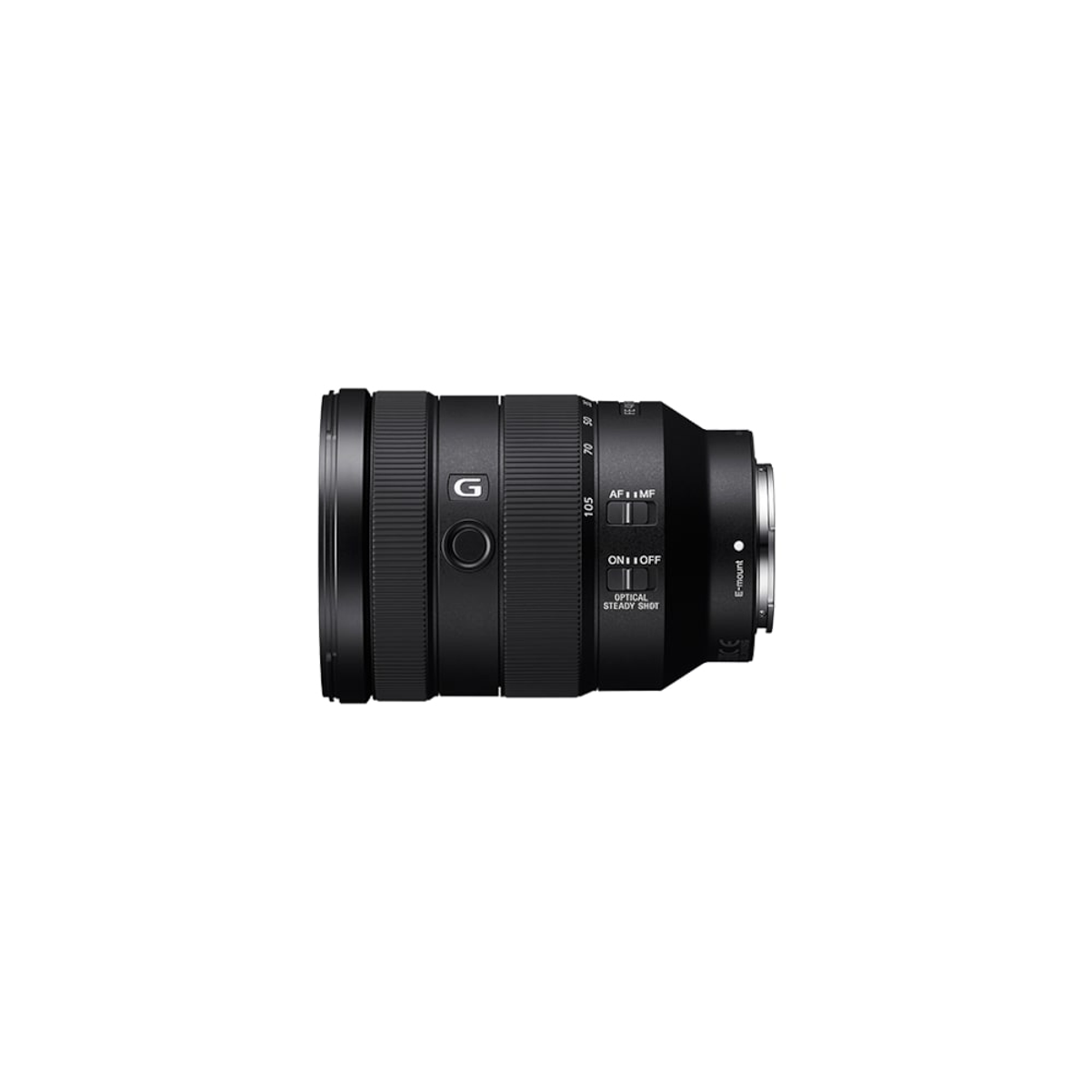Lente de cámara Sony negra. Tiene anillos de enfoque y control de modo. Fondo blanco.