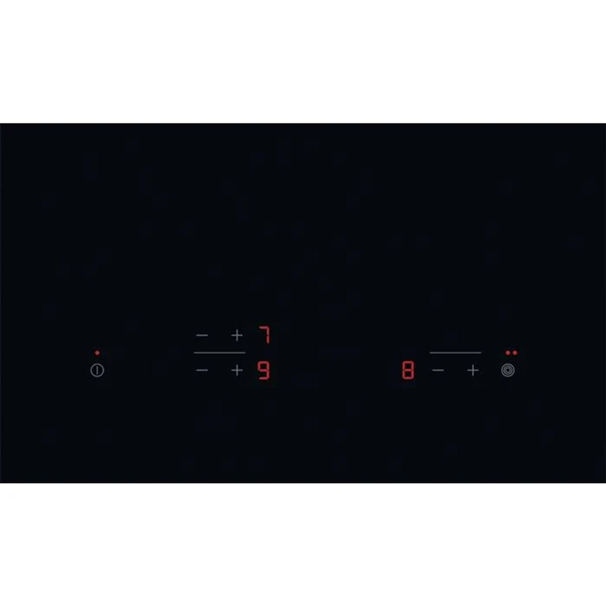 Placa de cocina negra, botones de encendido a la izquierda, números digitales.