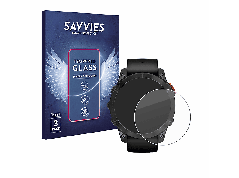 SAVVIES 3x 9H klares Schutzglas(für Garmin Fenix 7 Pro Solar (47 mm)) | Smartwatch Schutzfolien & Gläser