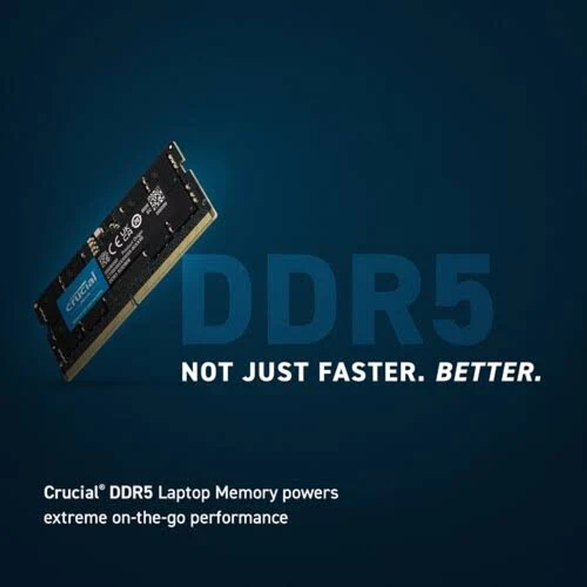 Moduł pamięci laptopa Crucial DDR5 z tekstem DDR5, nie tylko szybszy, lepszy.