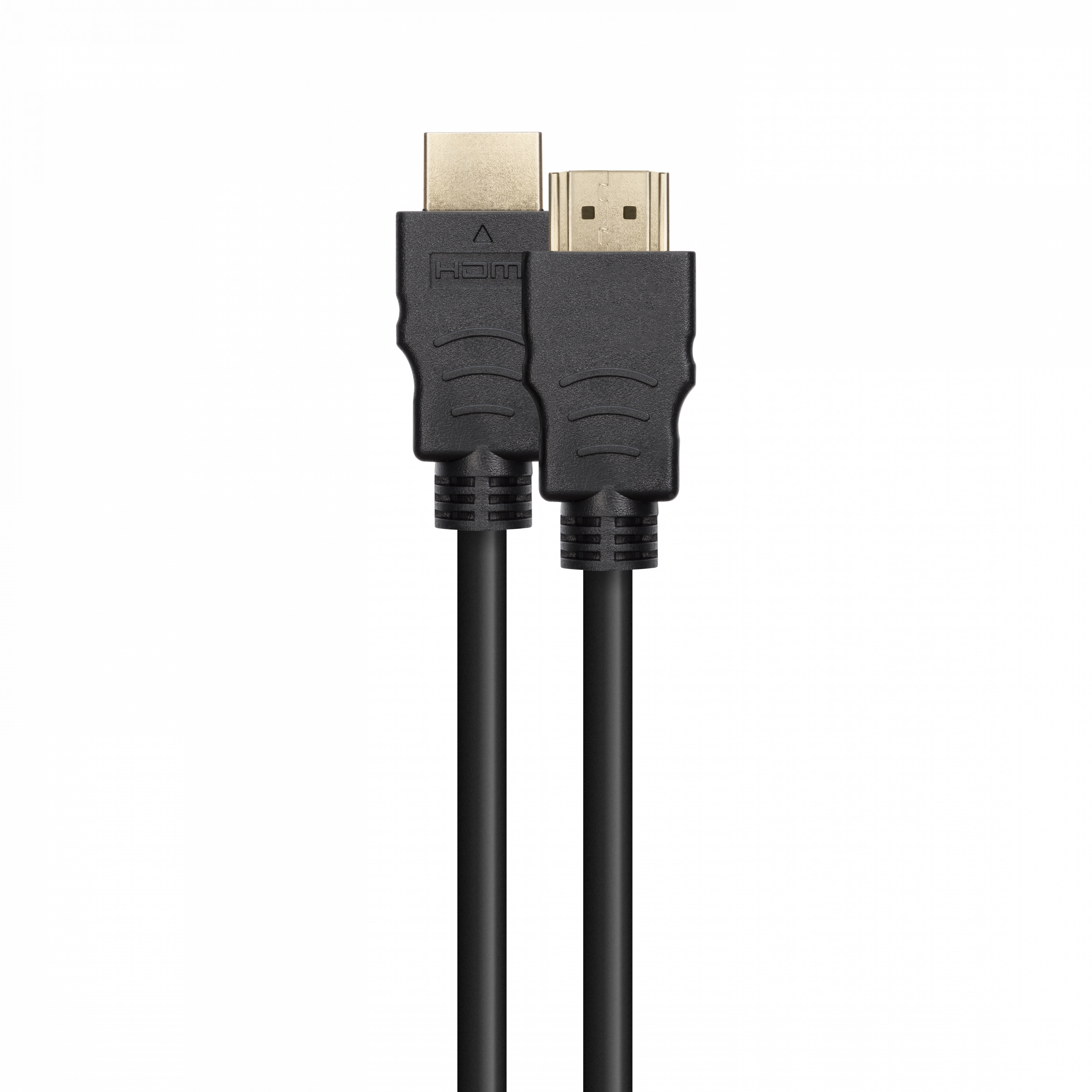 Two black HDMI cables with gold connectors, against a white background.