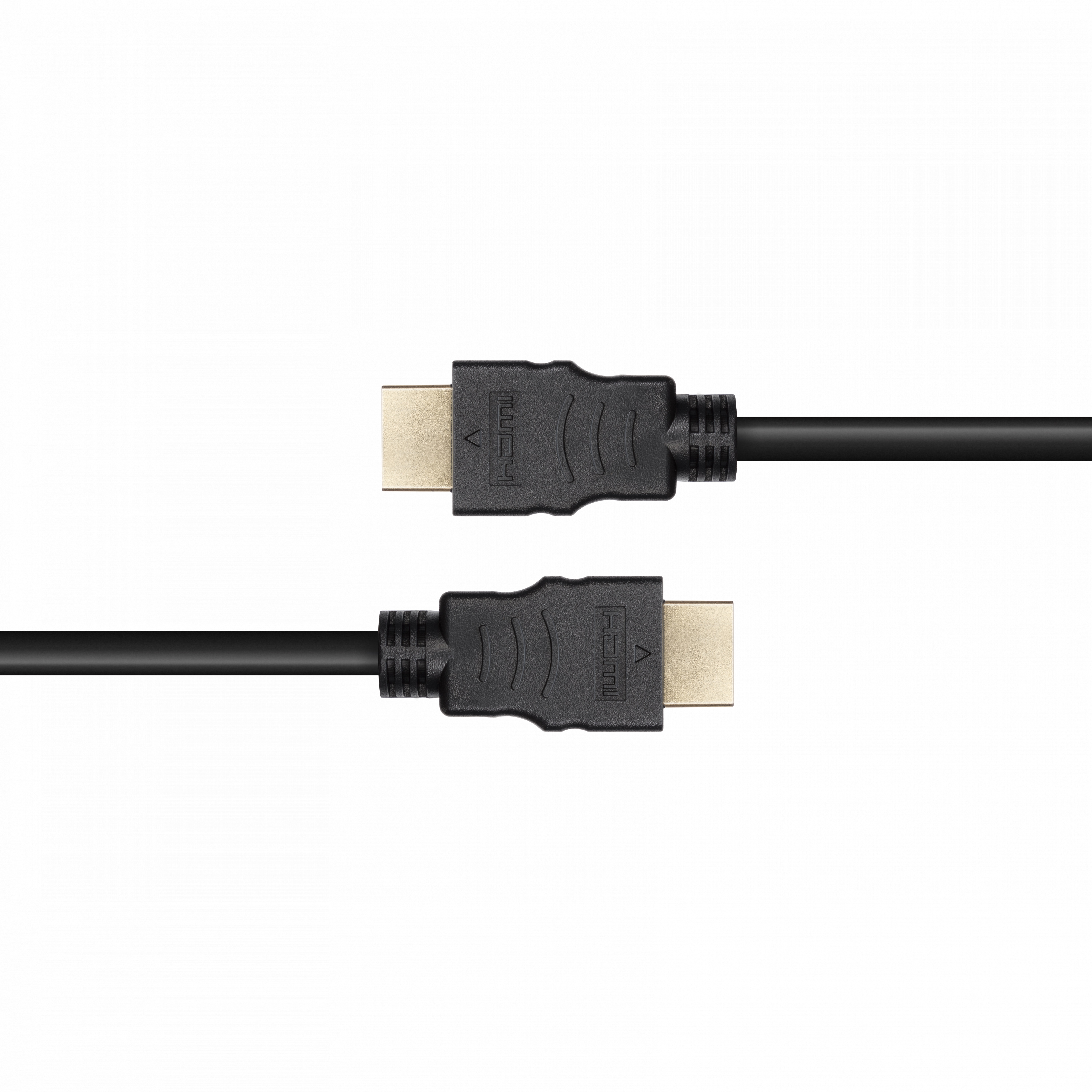 Two black HDMI cables with gold connectors. They are against a white background.