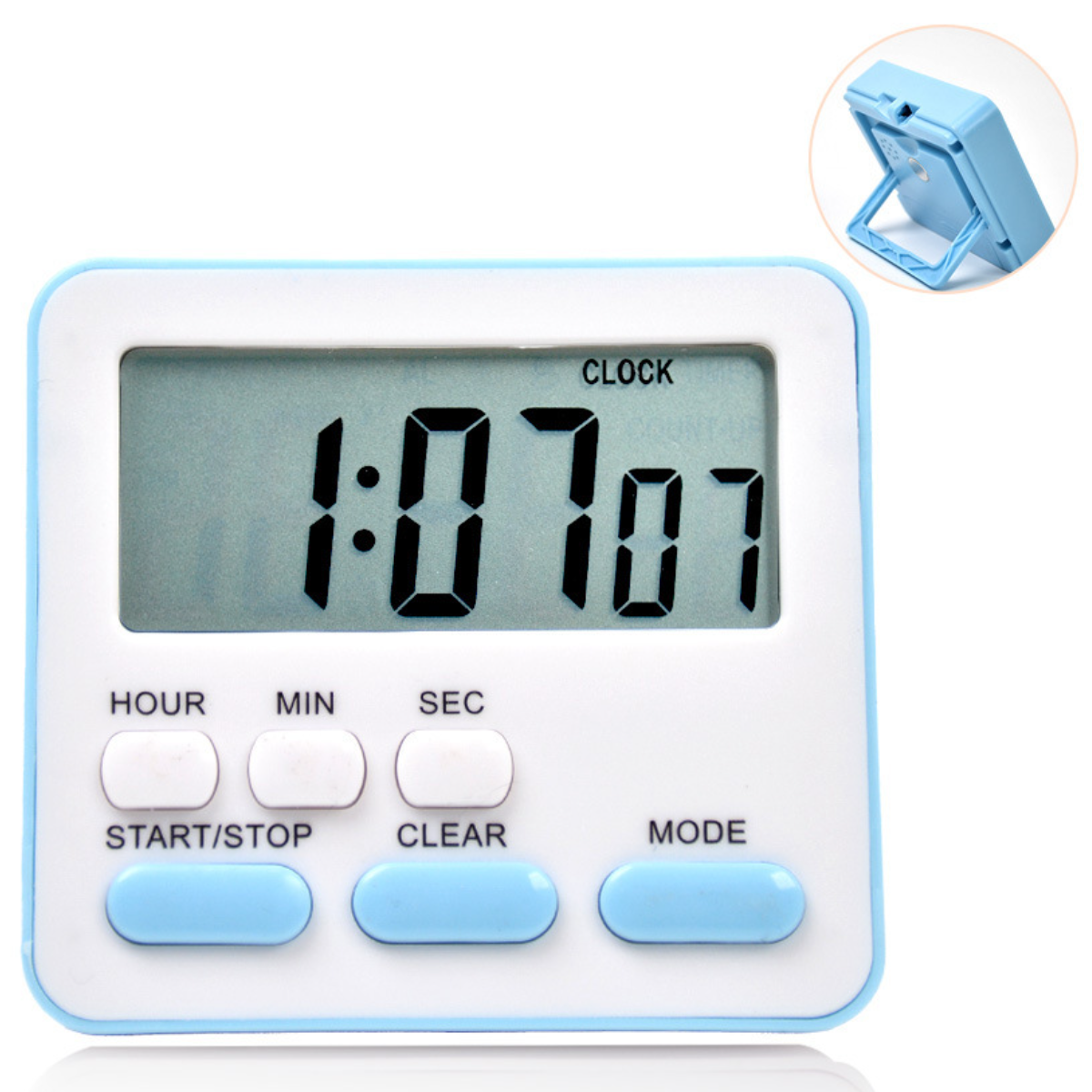 Digitaler Küchentimer. Blau und weiß, zeigt die Zeit an, mit Tasten für Stunde, Min. und Sek.