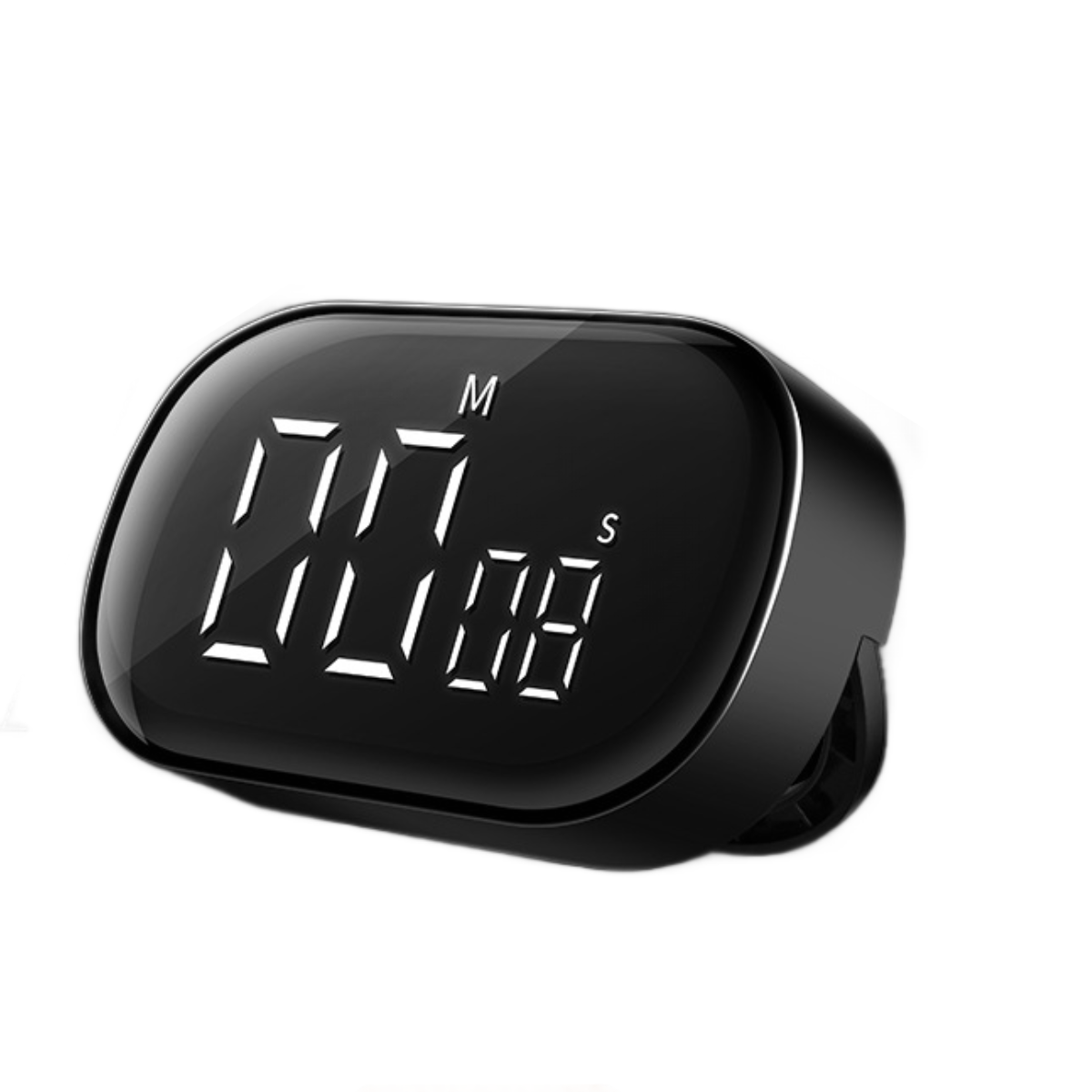 Schwarzer digitaler Timer mit weißen Zahlen, schräge Ansicht.