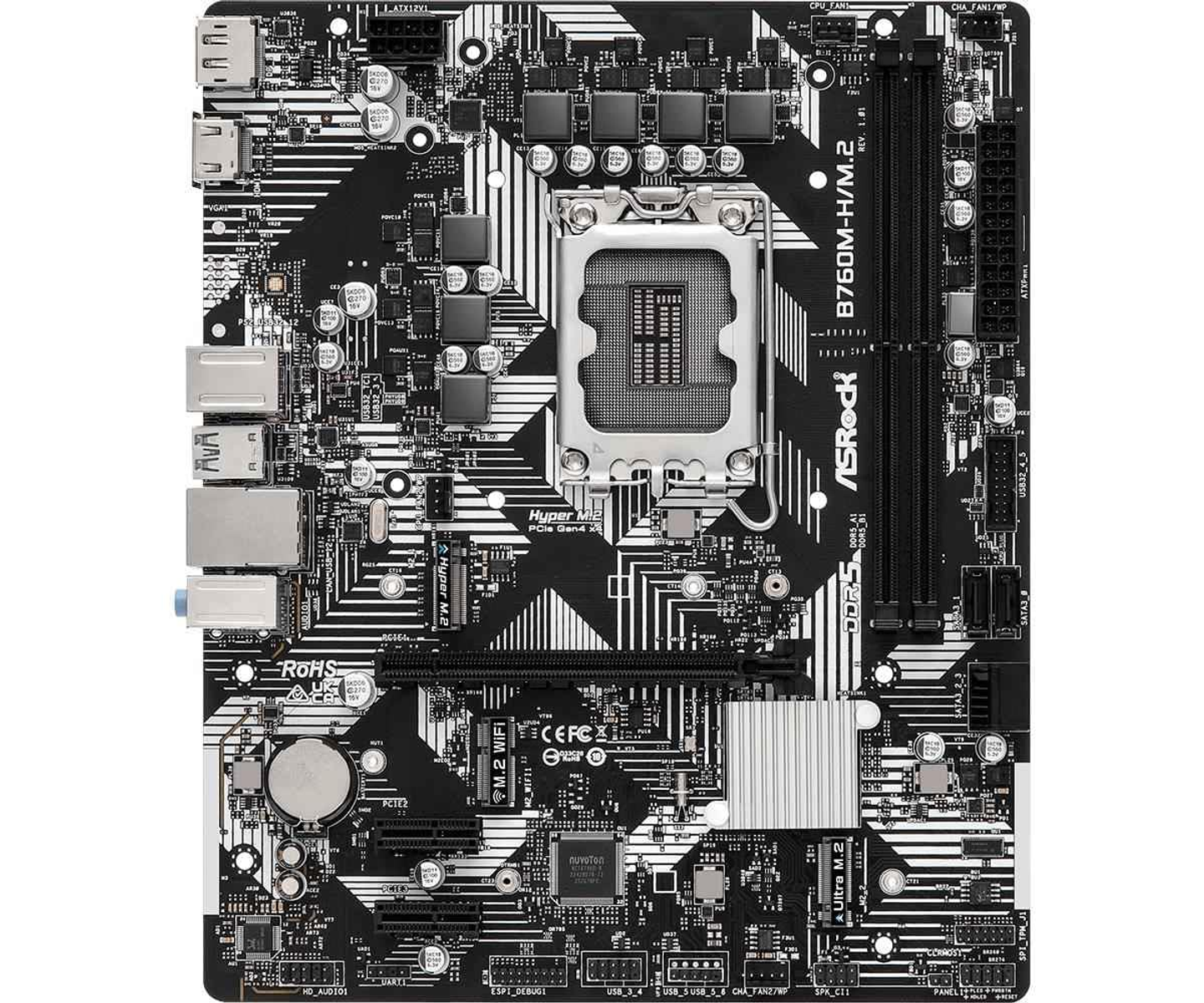 Schwarz-weißes Motherboard mit zahlreichen Komponenten und einem zentralen Prozessor-Sockel.