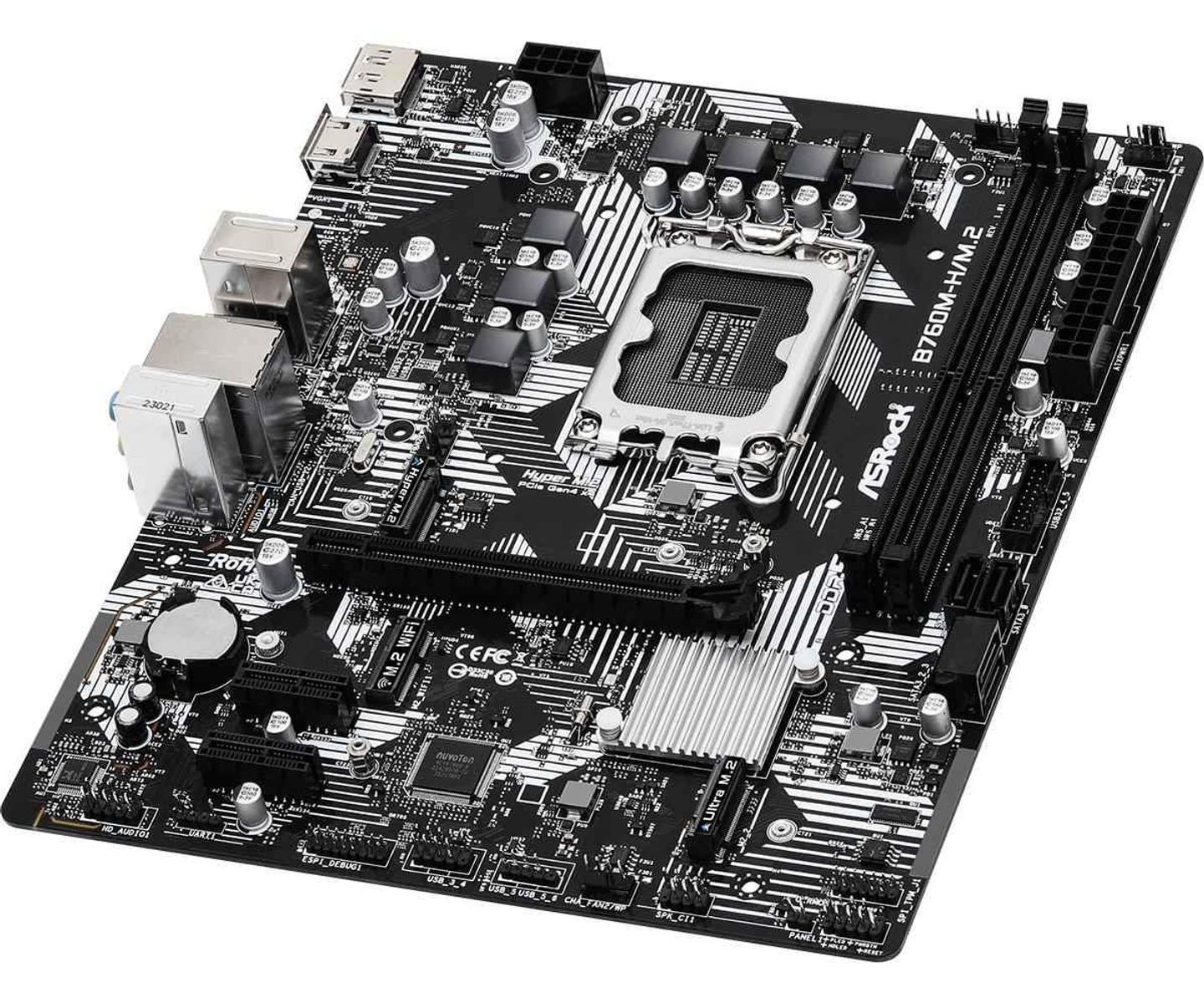 Schwarzes und graues Computer-Motherboard mit verschiedenen Komponenten und Textbeschriftungen.