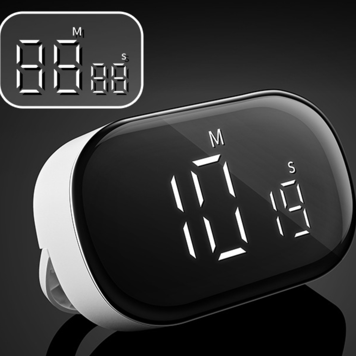 Schwarz-weißer Digitaltimer mit weißen Ziffern, auf schwarzem Hintergrund.