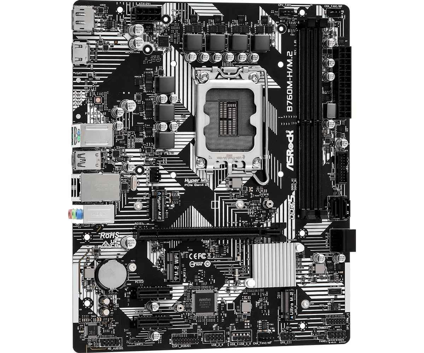 Ein schwarz-weißes Computer-Motherboard mit verschiedenen Komponenten, Draufsicht.