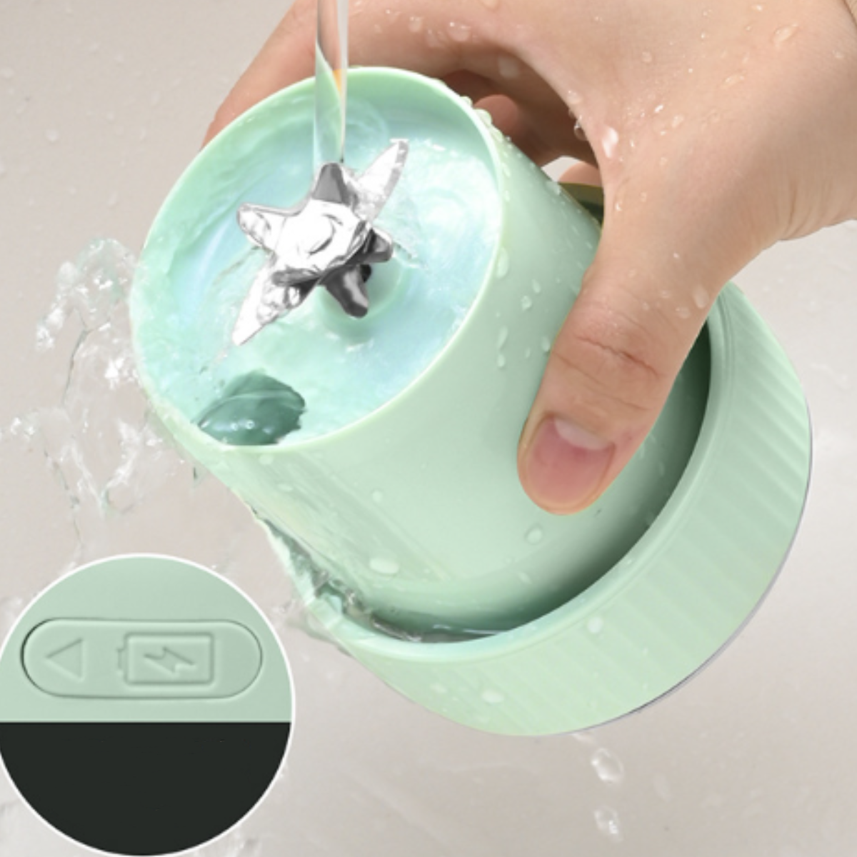 Hand hält kleinen grünen Mixer mit Wasser, Nahaufnahme.