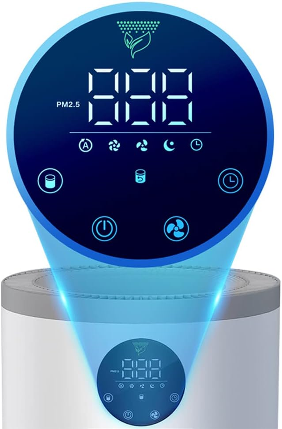 Luftqualitätsmonitor. Display zeigt PM2.5-Wert und Symbole. Weißes und graues Gehäuse.