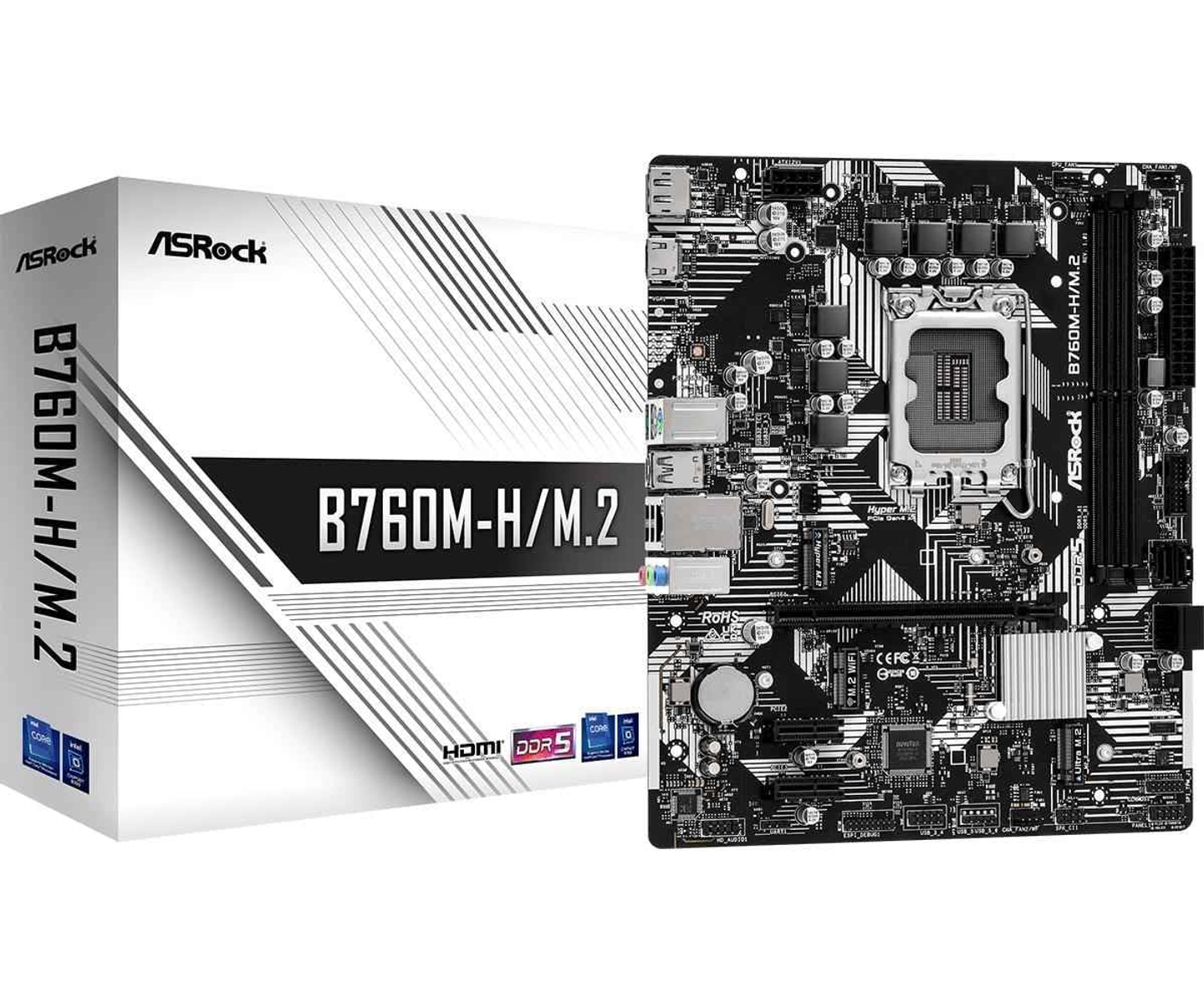 ASRock B760M-H/M.2 Mainboard mit der Box. Die Box ist weiß mit schwarzem Text.