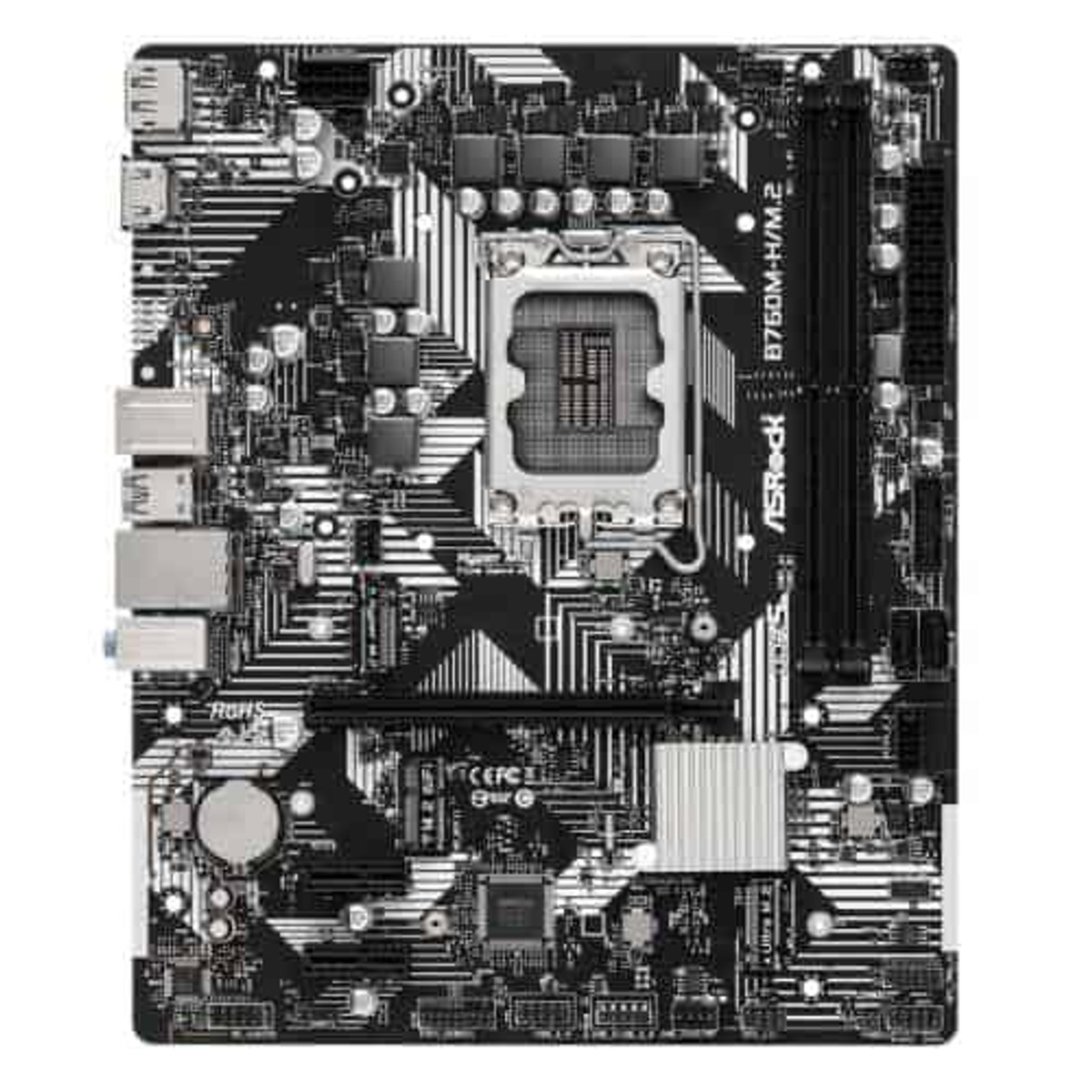 Ein Motherboard mit komplexem Schaltungsdesign, hauptsächlich schwarz und weiß.