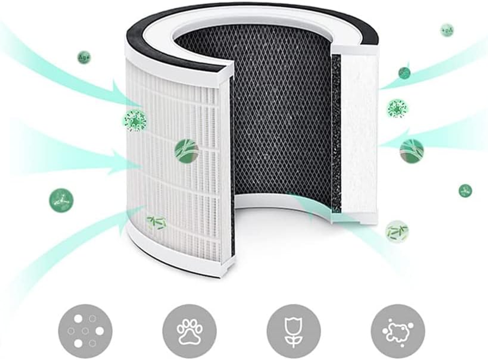 Luftfilter mit Pfeilen, die den Luftstrom anzeigen, und Symbolen für Verschmutzung auf Weiß.