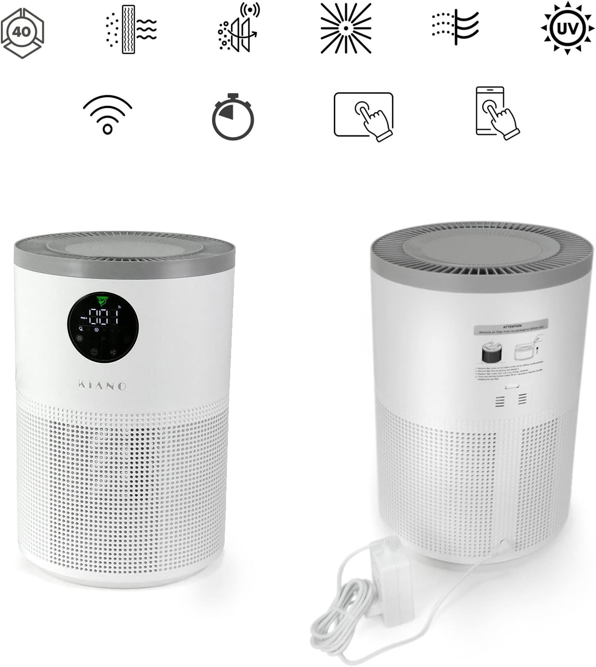 Zwei weiße Luftreiniger mit Symbolen darüber, mit Netzkabel und weißem Stecker.