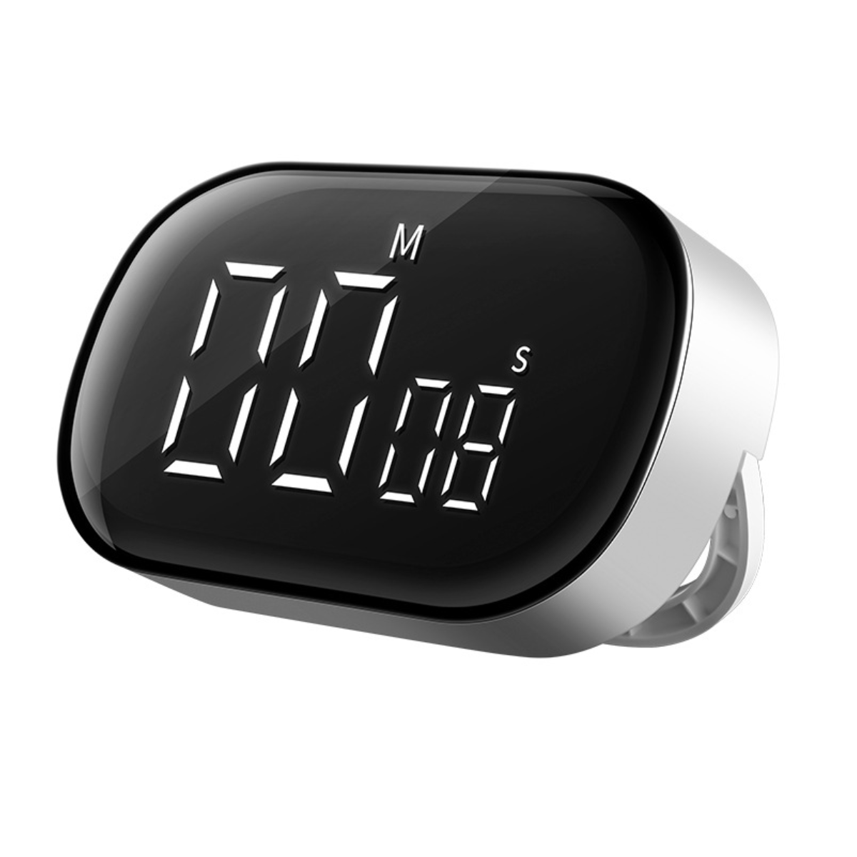 Schwarzer digitaler Timer mit weißen Ziffern, die 00:00 anzeigen. Weißer und silberner Sockel.
