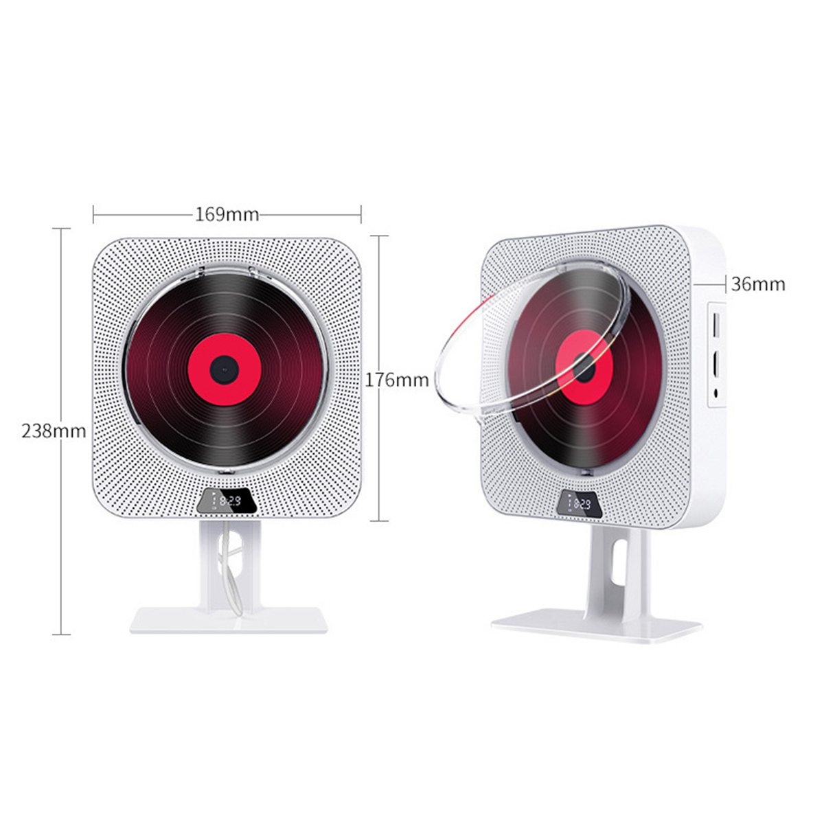 Weißer CD-Player mit roter CD. Abmessungen sind angegeben. Die CD-Hülle ist offen.
